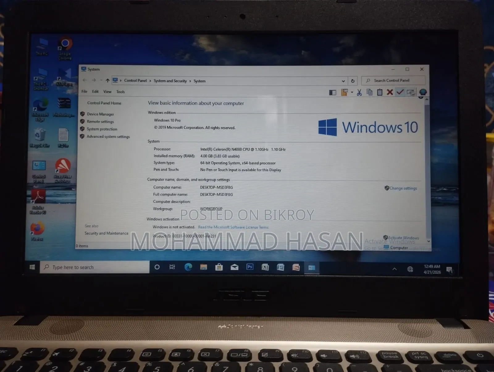 Laptop Asus VivoBook X540SA 4GB Intel Celeron HDD 60GB