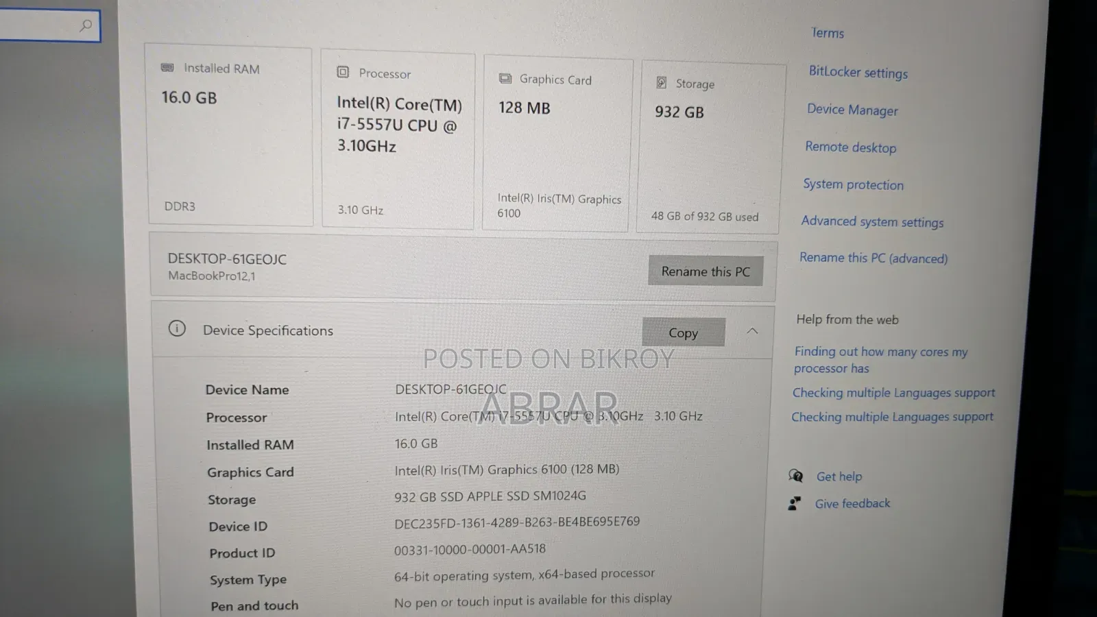 Laptop Apple MacBook Pro 16GB Intel Core I7 SSD 1T