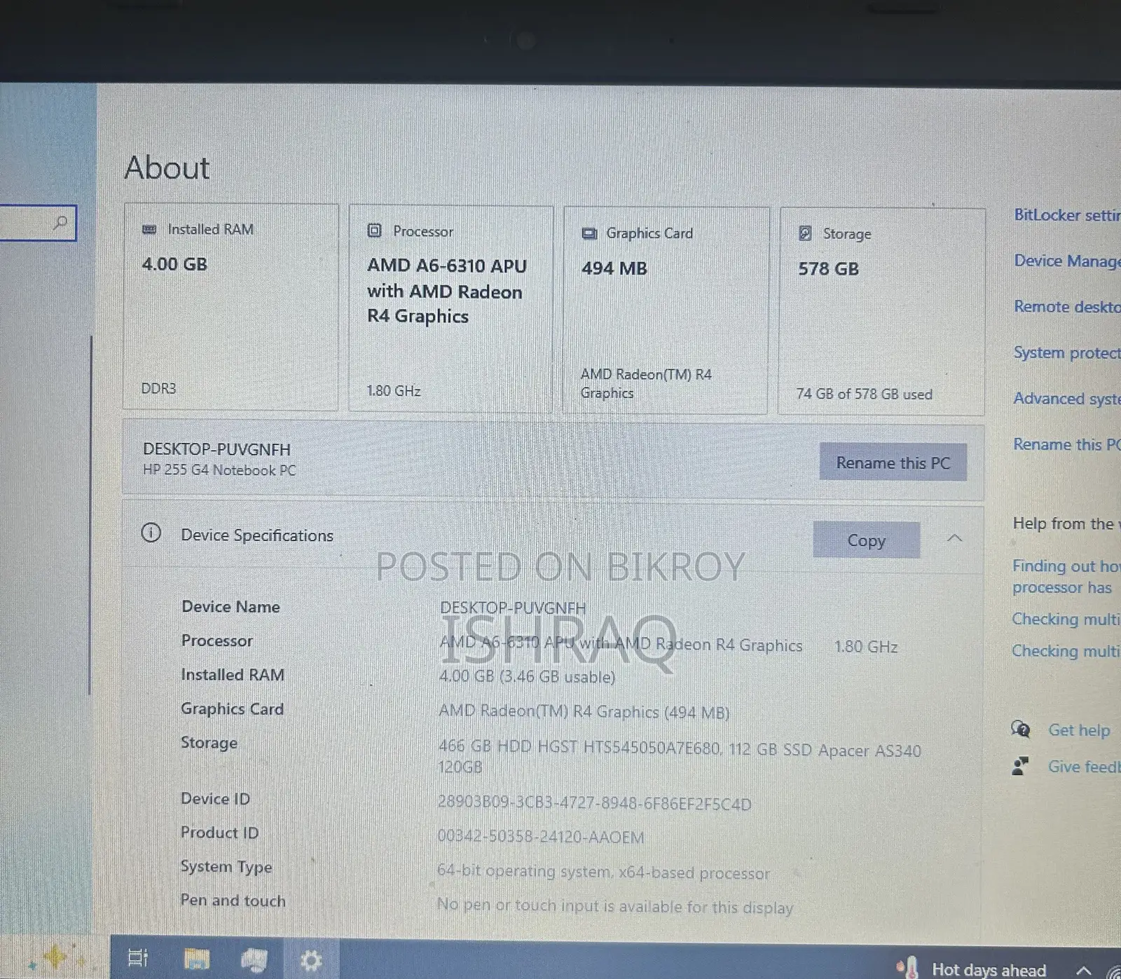 Laptop HP 255 G4 4GB AMD A6 HDD+SSD 512GB