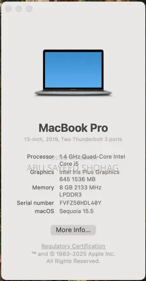 Laptop Apple MacBook Pro 2019 8GB Intel Core I5 SSD 128GB