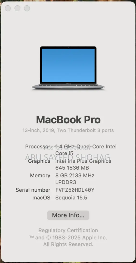 Laptop Apple MacBook Pro 2019 8GB Intel Core I5 SSD 128GB