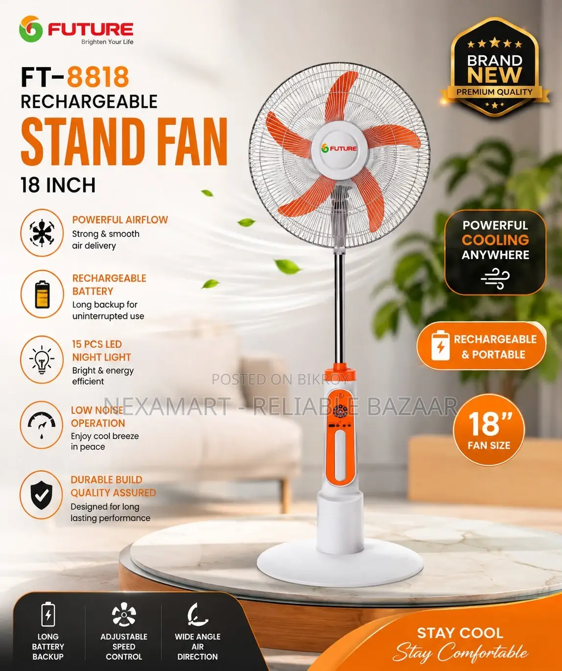 লোডশেডিংয়ের সেরা সমাধান – Future Ft-8818 Rechargeable Fan 18 Inch