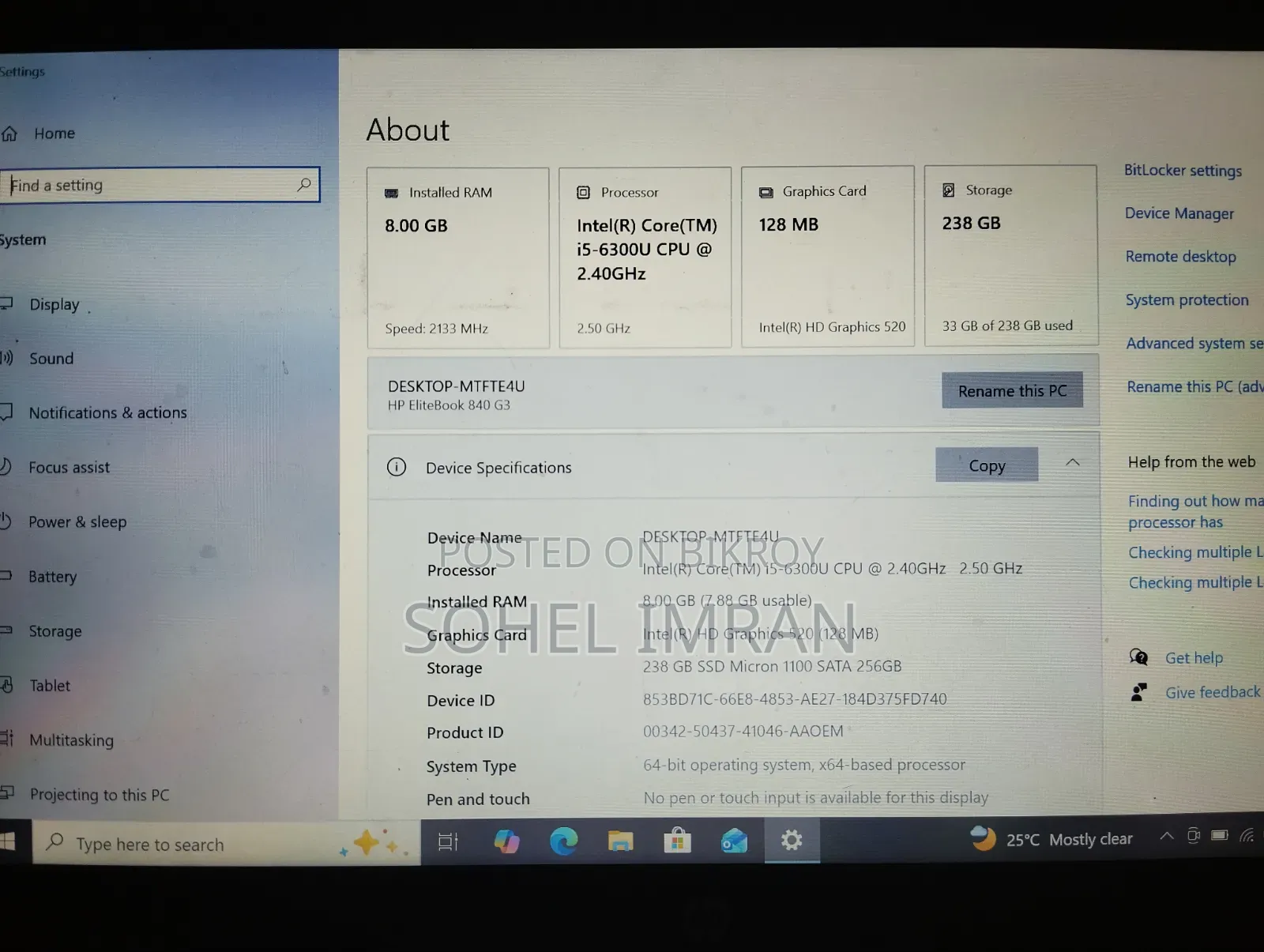 Laptop HP EliteBook 840 G3 8GB Intel Core I5 SSD 256GB