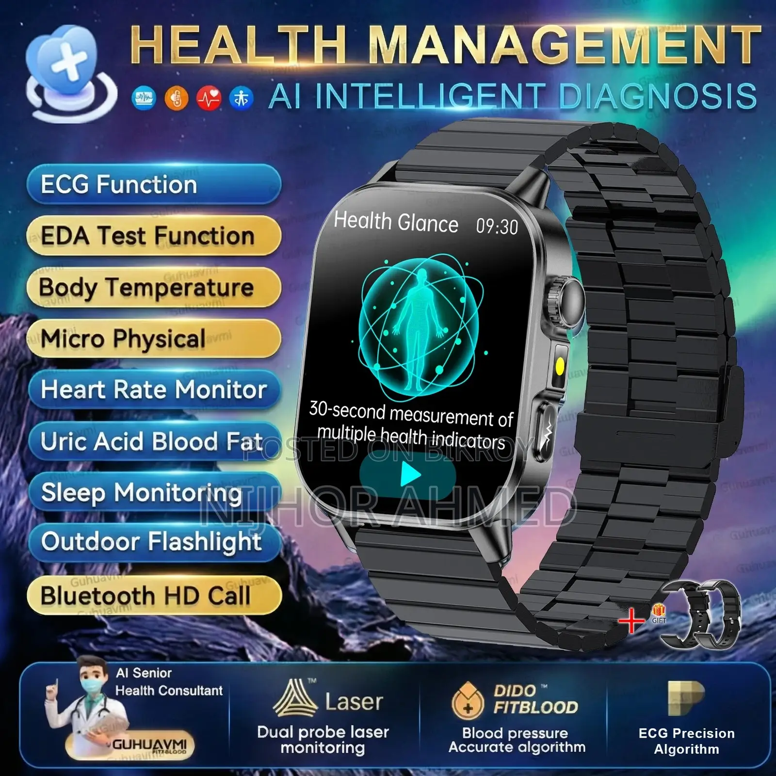 Guhuavmi Healthy Diagnose Ecg+Ppg Smart Watch