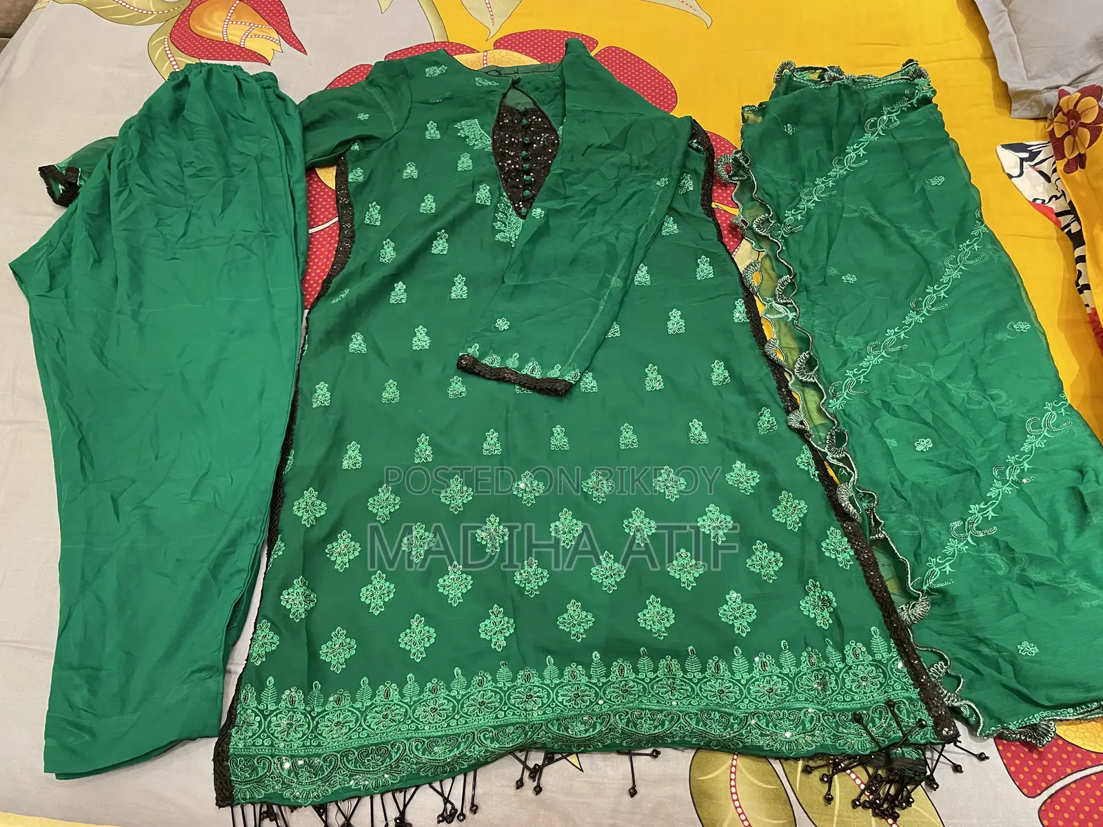 Green and Black Sequins Work