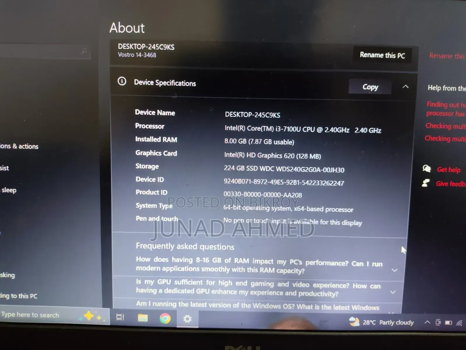 Laptop Dell Vostro 14 3459 8GB Intel Core I3 SSD 250GB
