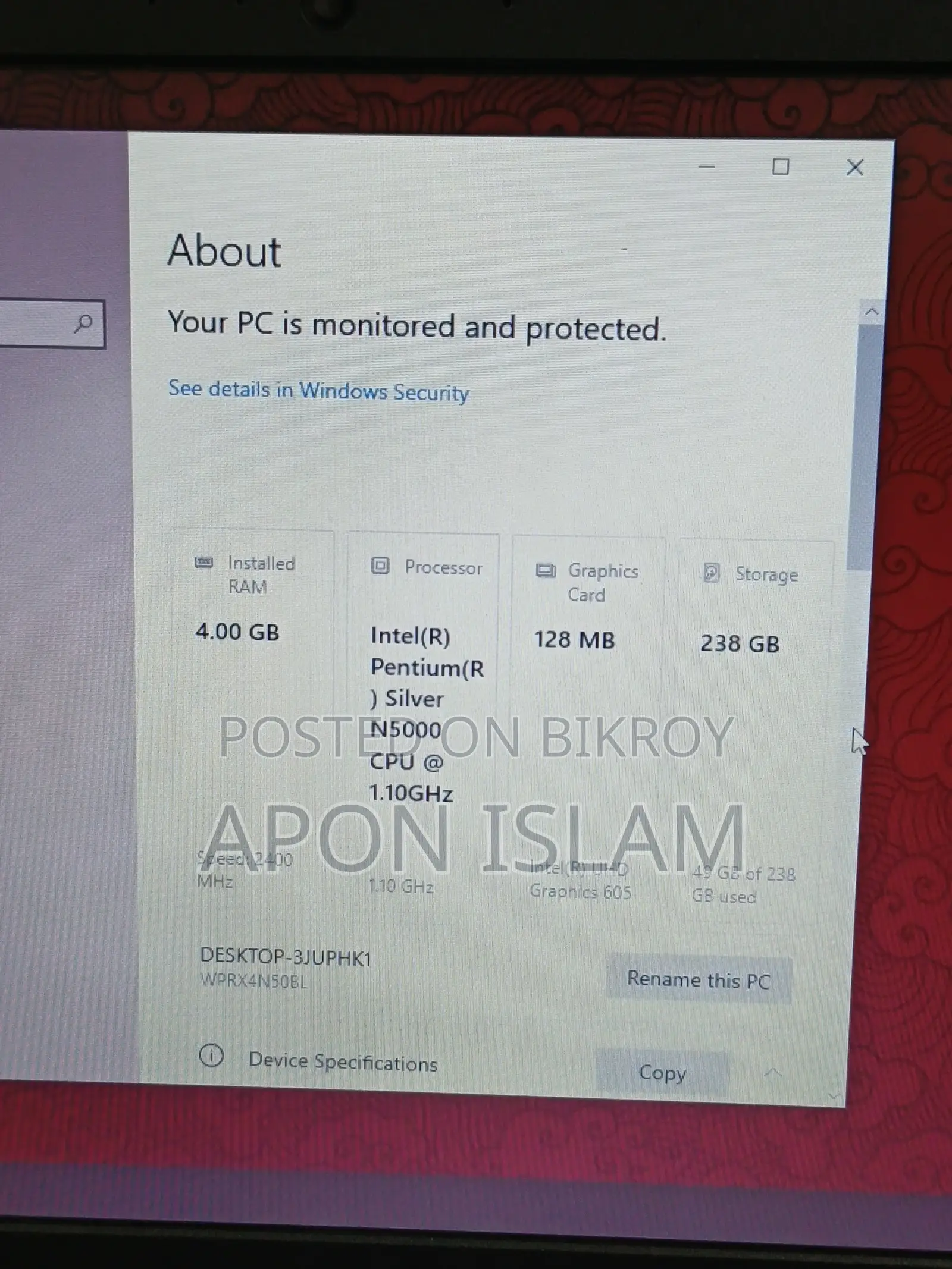 ল্যাপটপ 4GB SSD 500GB