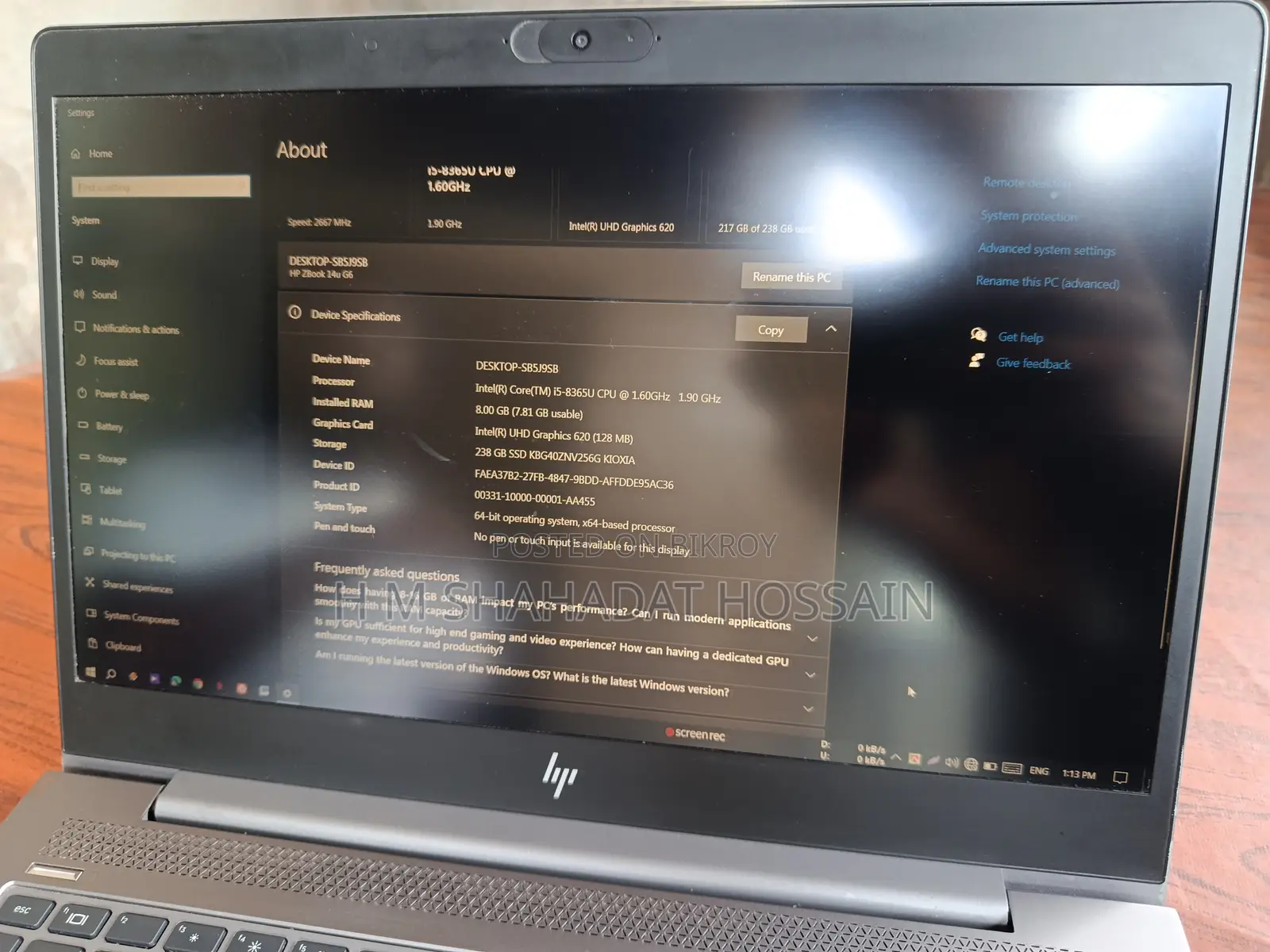 Laptop HP ZBook 14u G6 8GB Intel Core I5 SSD 256GB