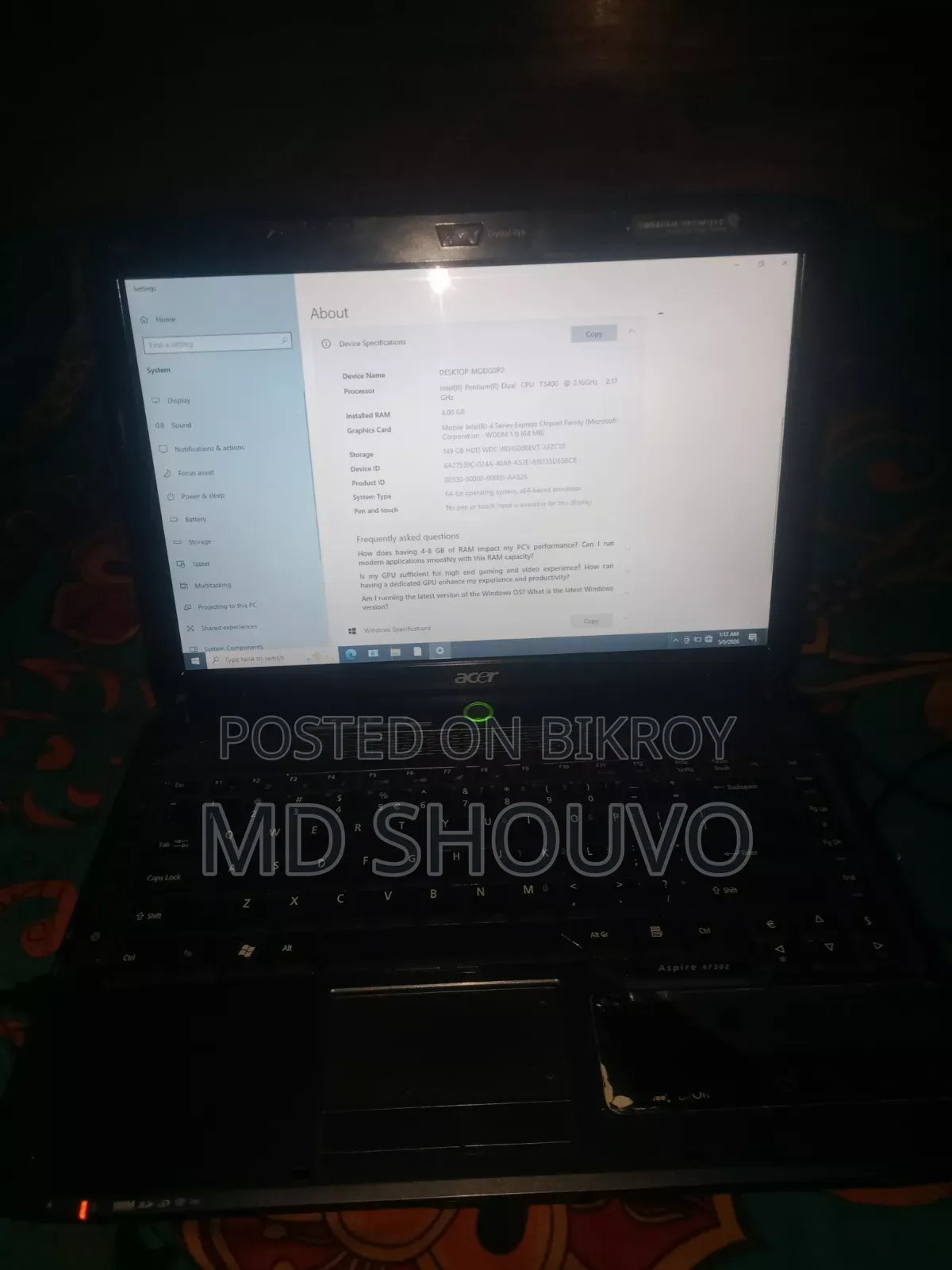 Laptop Acer 4GB HDD+SSD 256GB