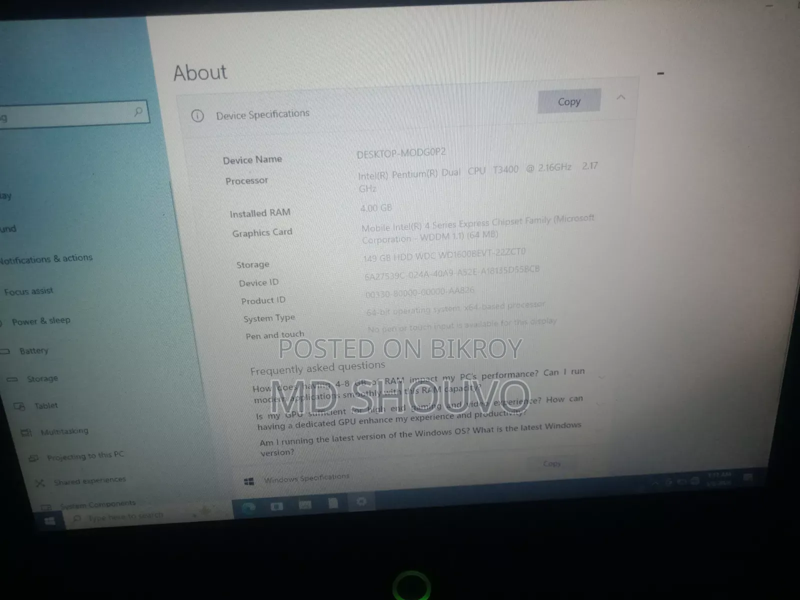 Laptop Acer 4GB HDD+SSD 256GB