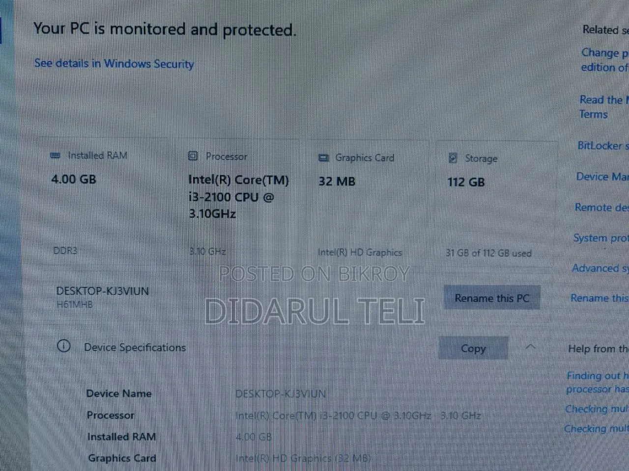 Desktop Computer 4GB Intel Core i3 SSD 128GB