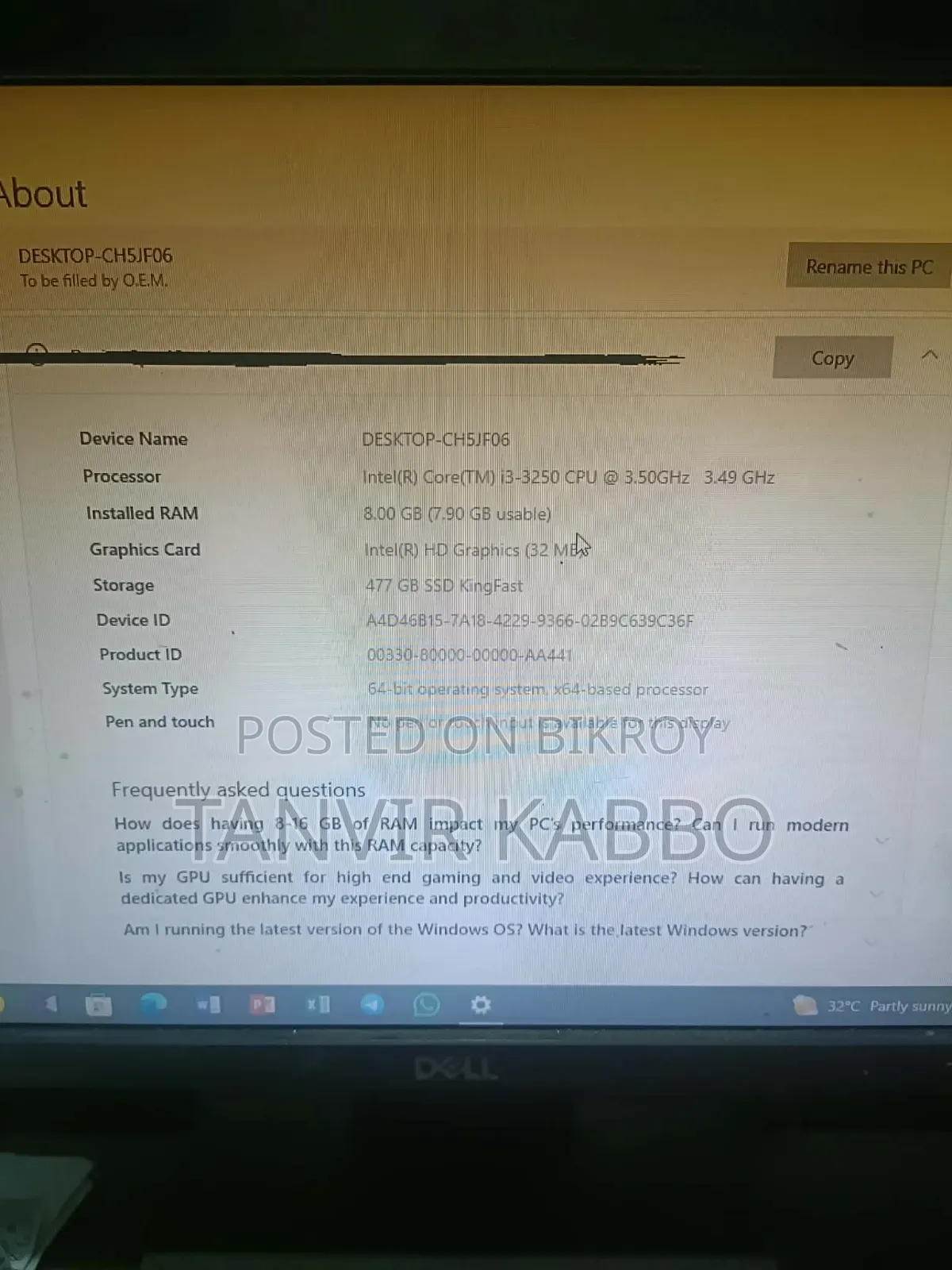 Desktop Computer 8GB Intel Core I3 SSD 128GB