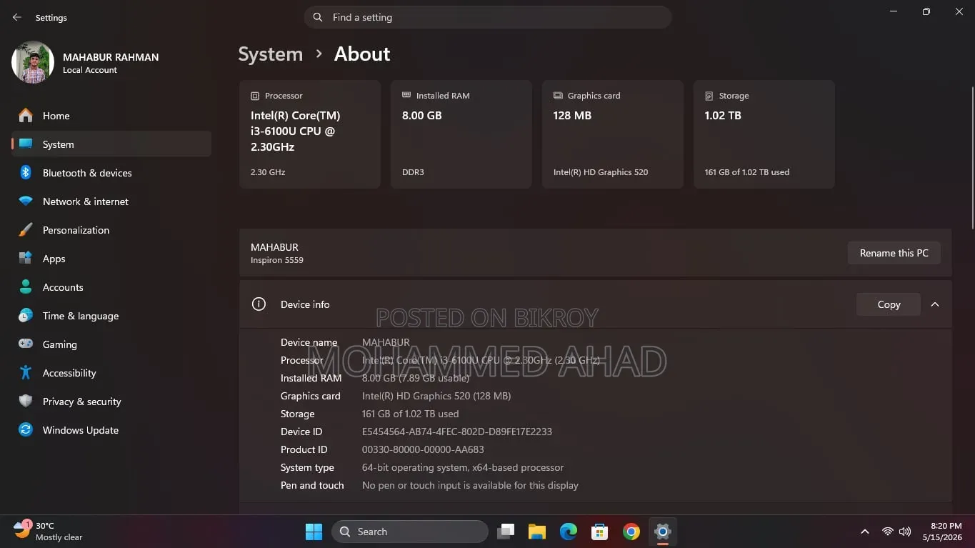 Laptop Dell Inspiron 5559 8GB Intel Core I3 HDD 1T