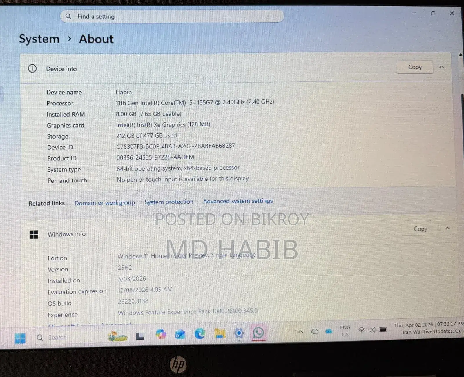 Laptop HP 15s 8GB Intel Core I5 HDD 512GB
