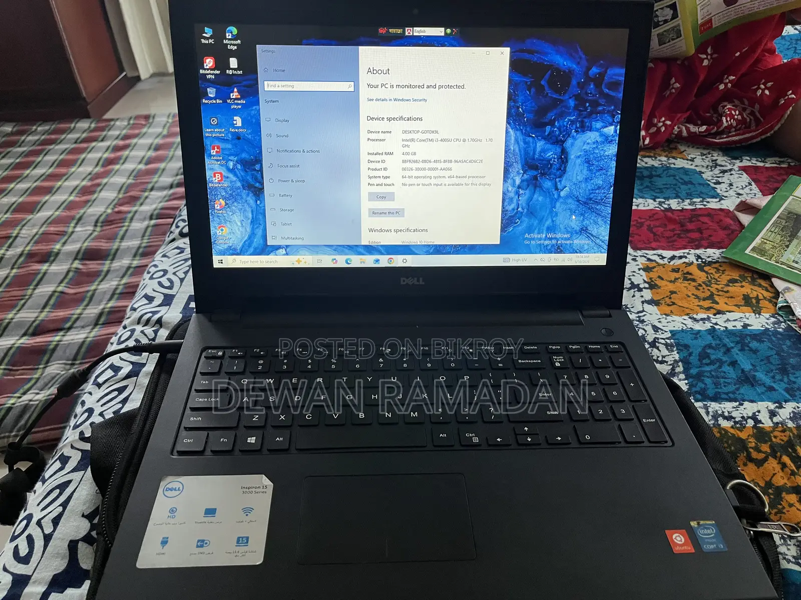 Laptop Dell Inspiron 15 4GB Intel Core I3 HDD+SSD 500GB