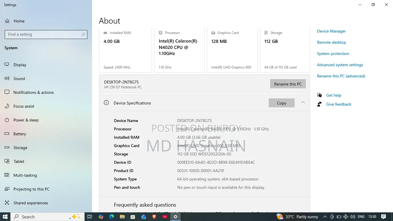 Laptop HP 250 G7 4GB Intel Core I3 SSD 128GB