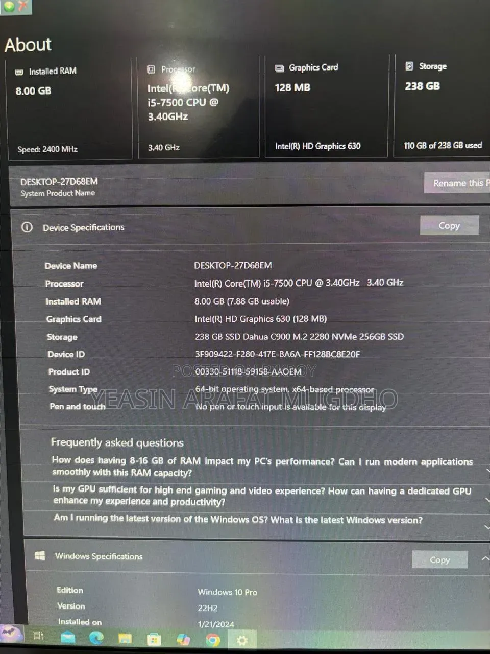 Desktop Computer 8GB Intel Core i5 SSD 256GB