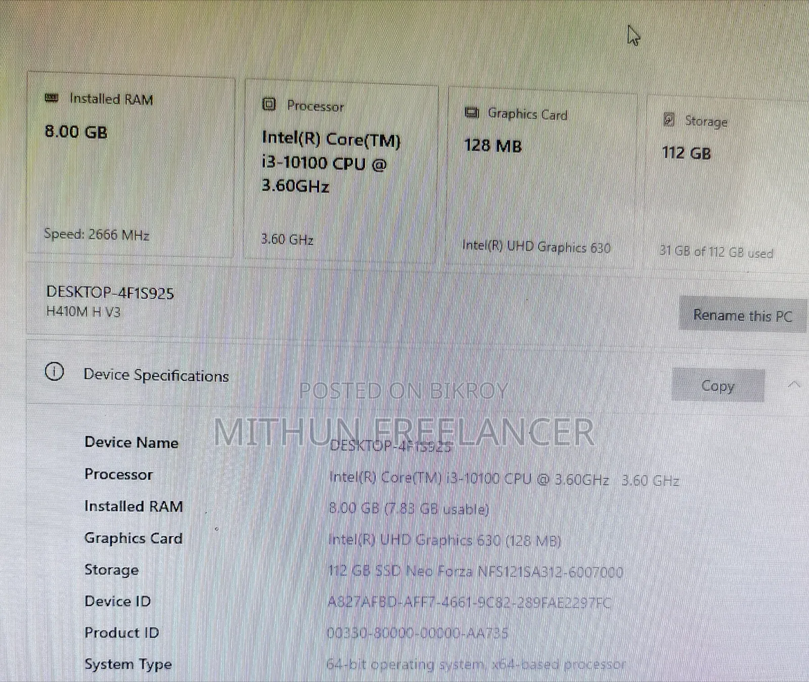 Desktop Computer 8GB Intel Core I3 SSD 140GB