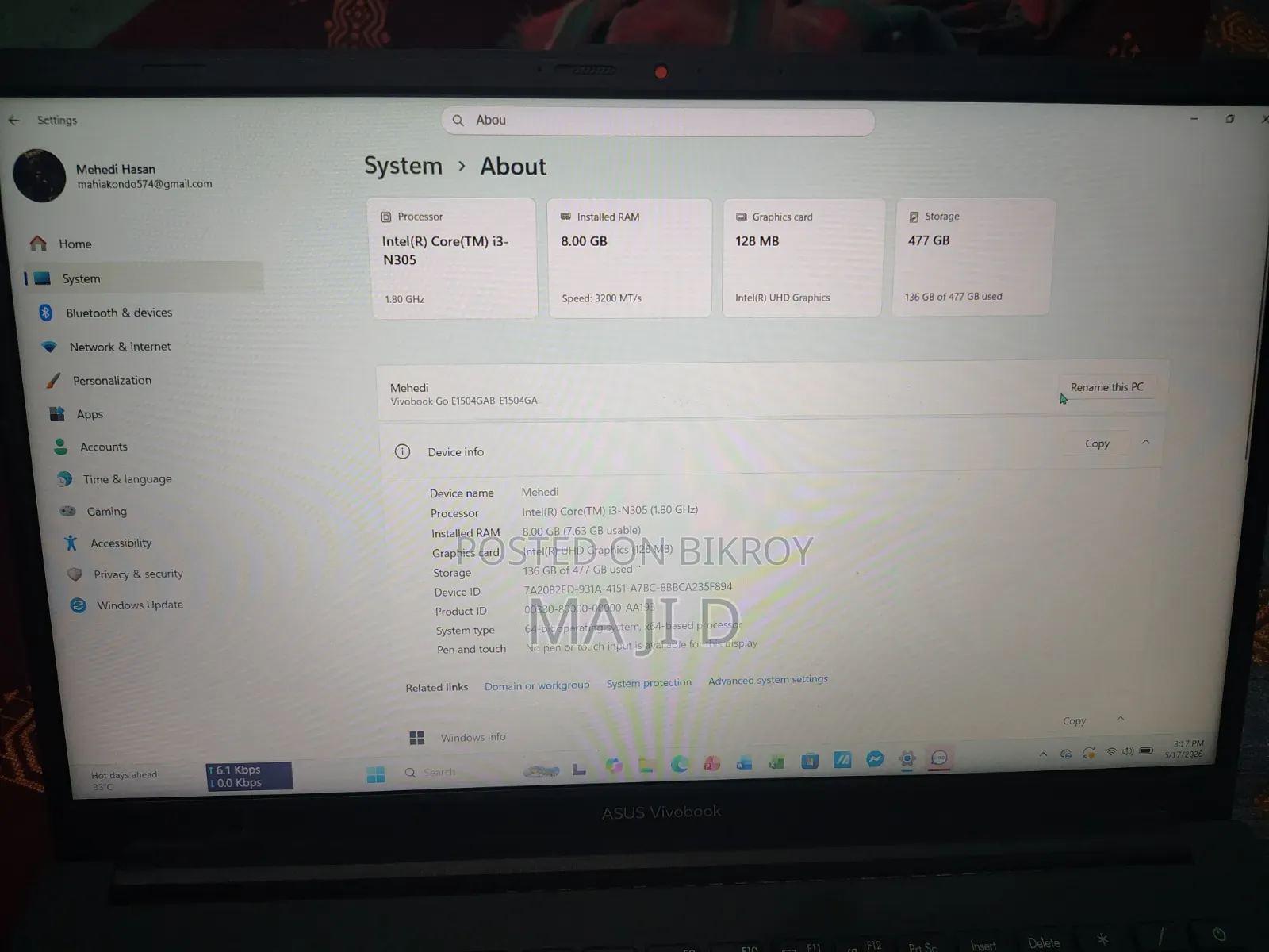 Laptop Asus 8GB Intel Core I3 SSD 512GB