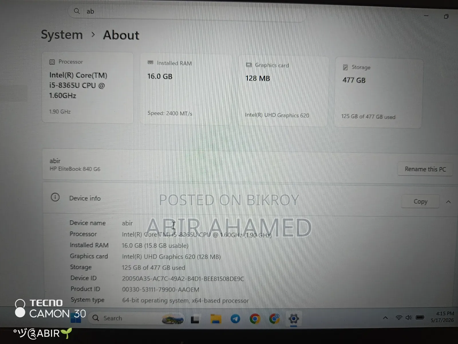 Laptop HP EliteBook 840 G6 16GB Intel Core I5 SSD 512GB