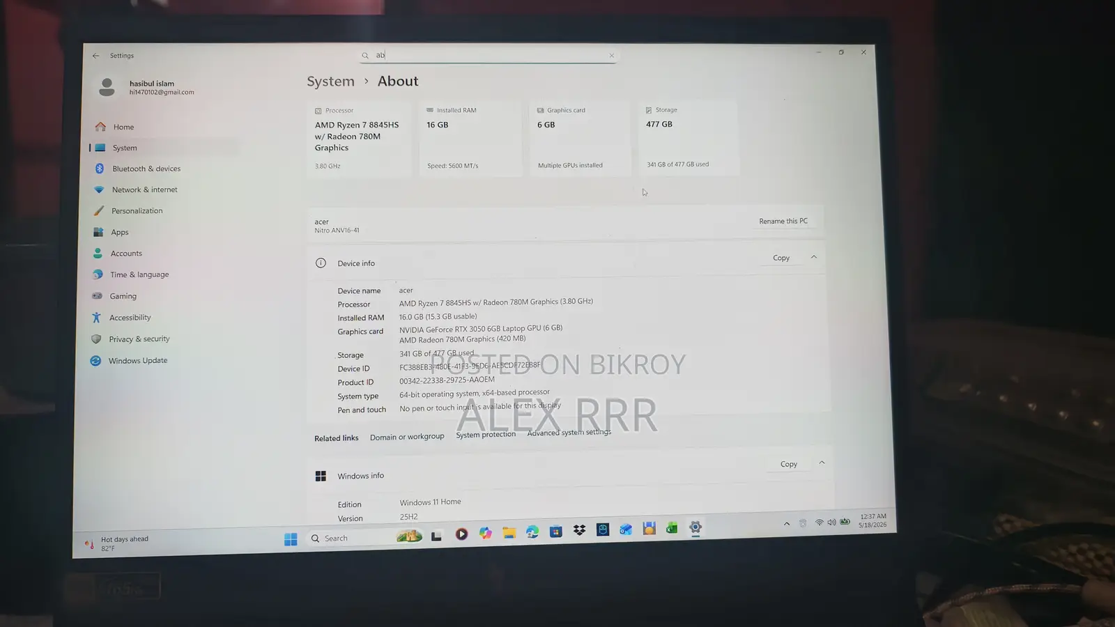 Laptop Acer 16GB AMD Ryzen 7 SSD 512GB