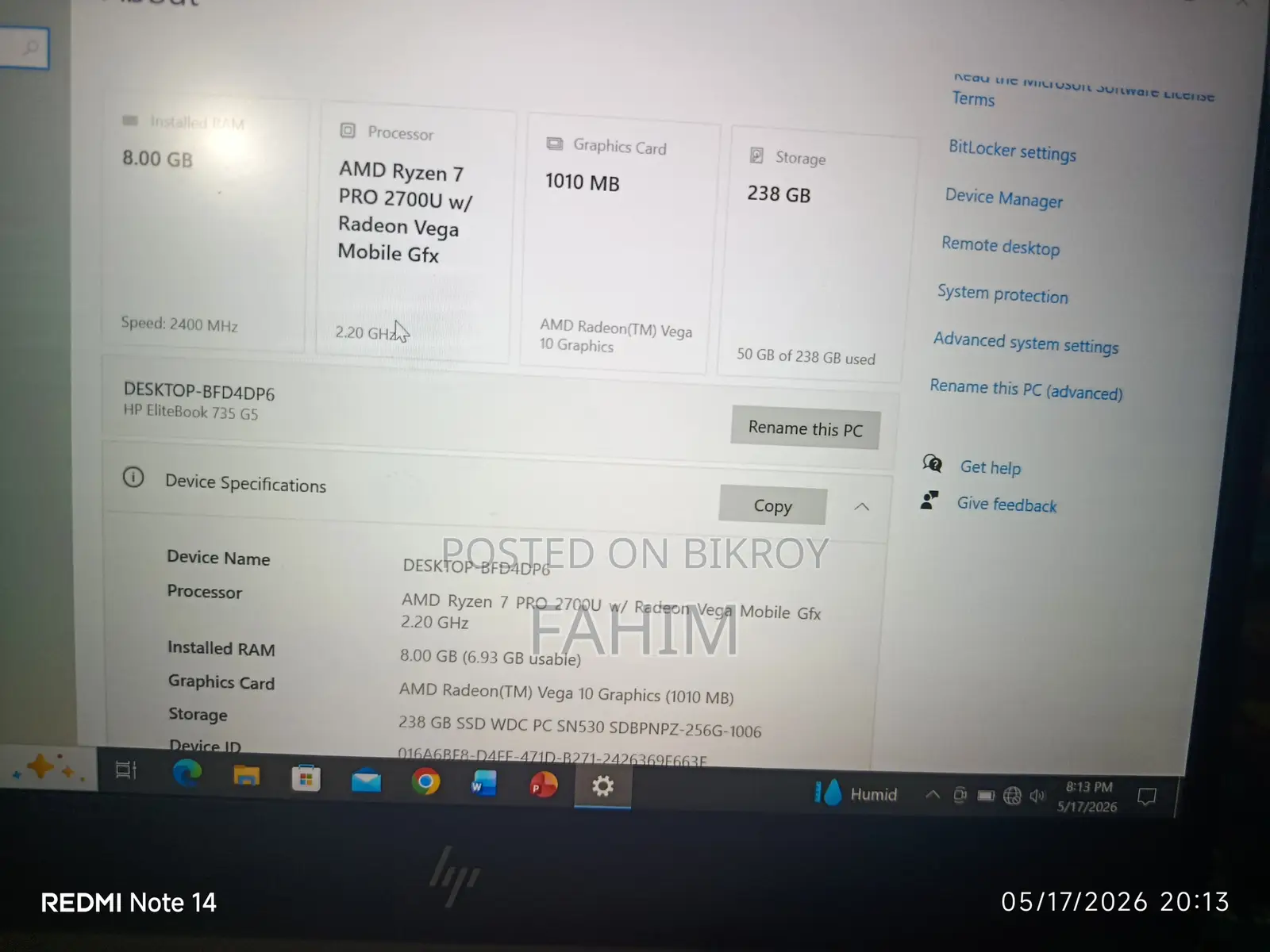 Laptop HP EliteBook 735 G5 8GB AMD Ryzen 7 SSD 256GB