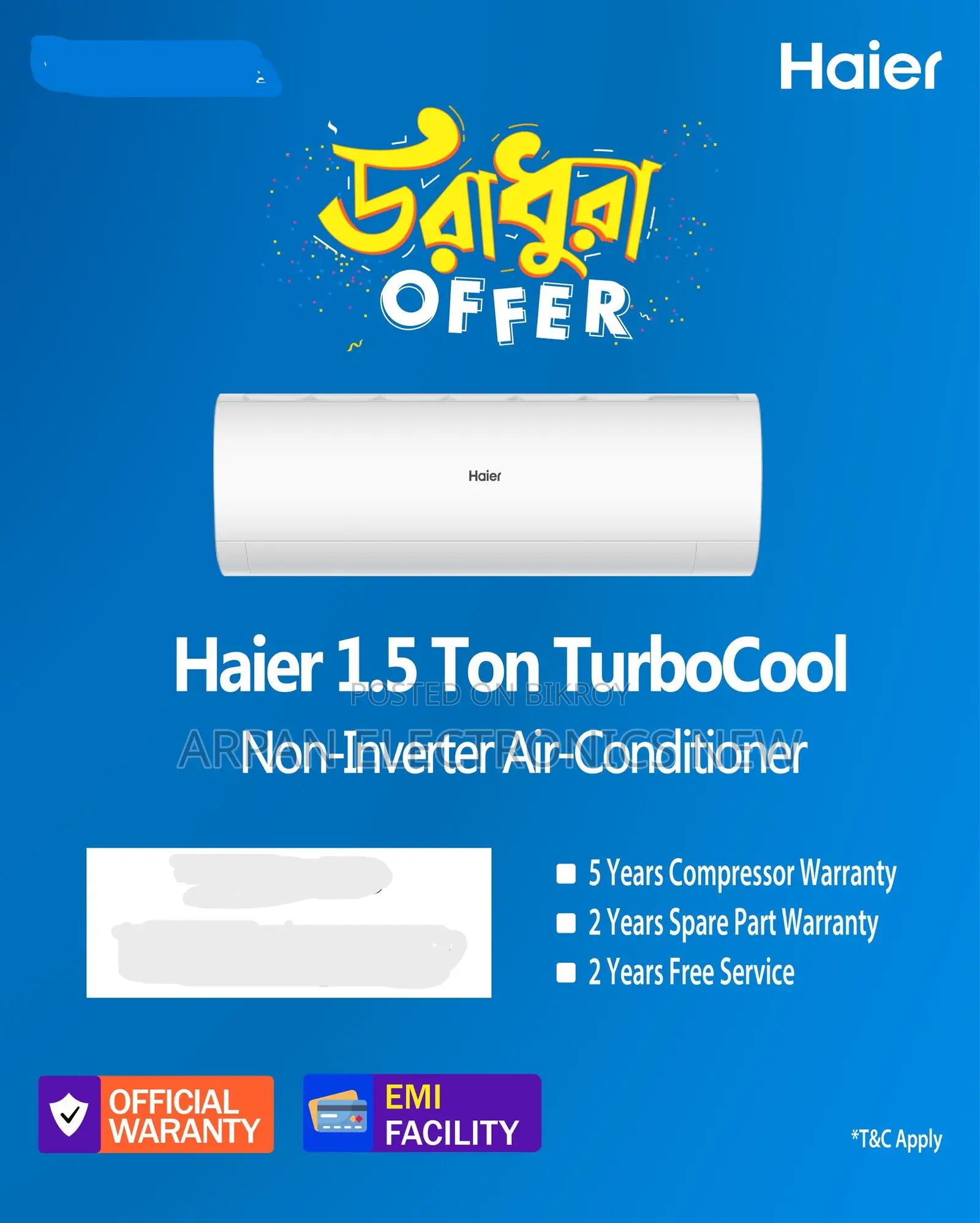 Haier 5 Years Warranty 1.5 Ton Split Ac Non Inverter উরাধুরা অফার