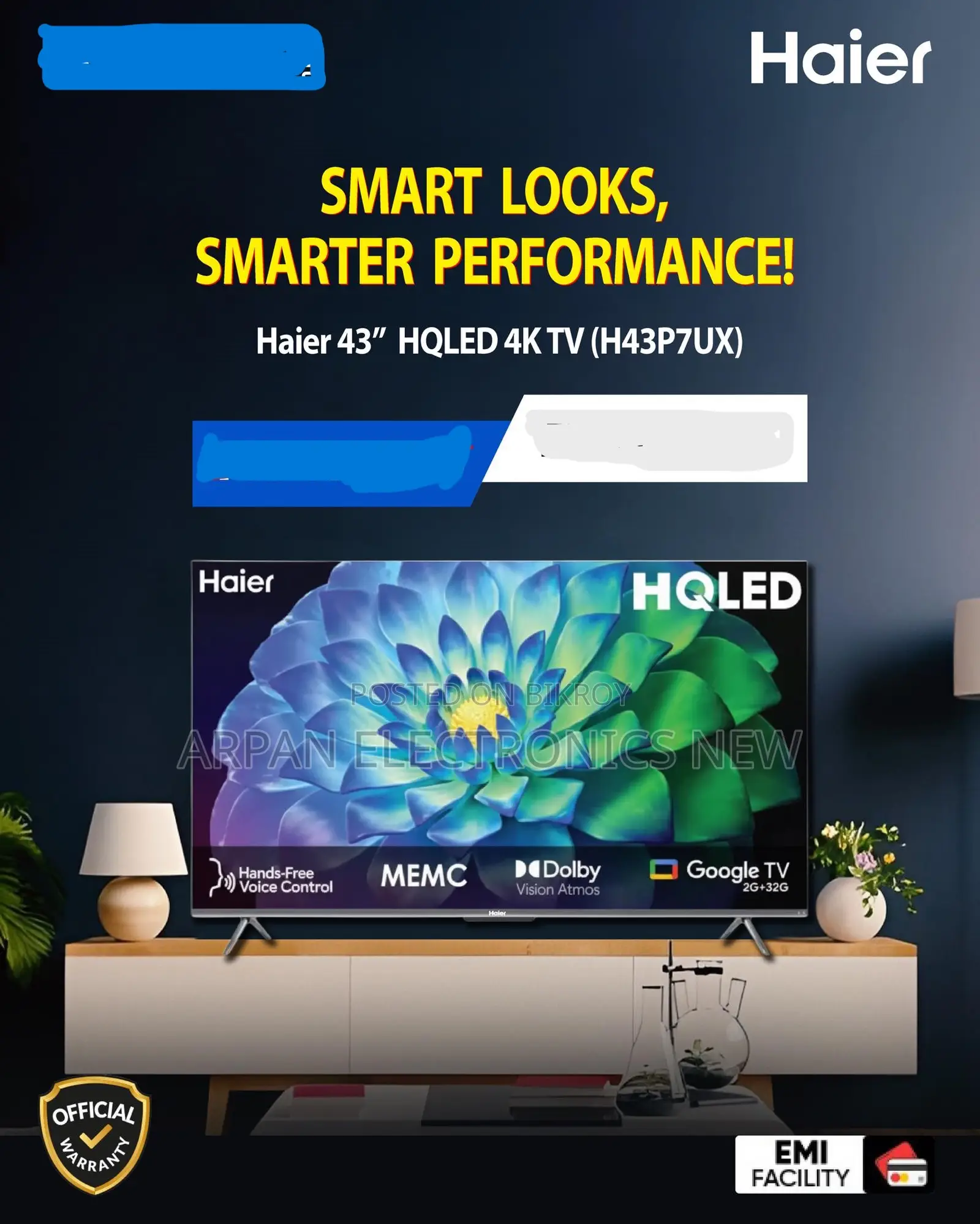 Haier H43p7ux 43'' HQLED Dolby Atmos Google TV 2GB DDR3 32GB Flash