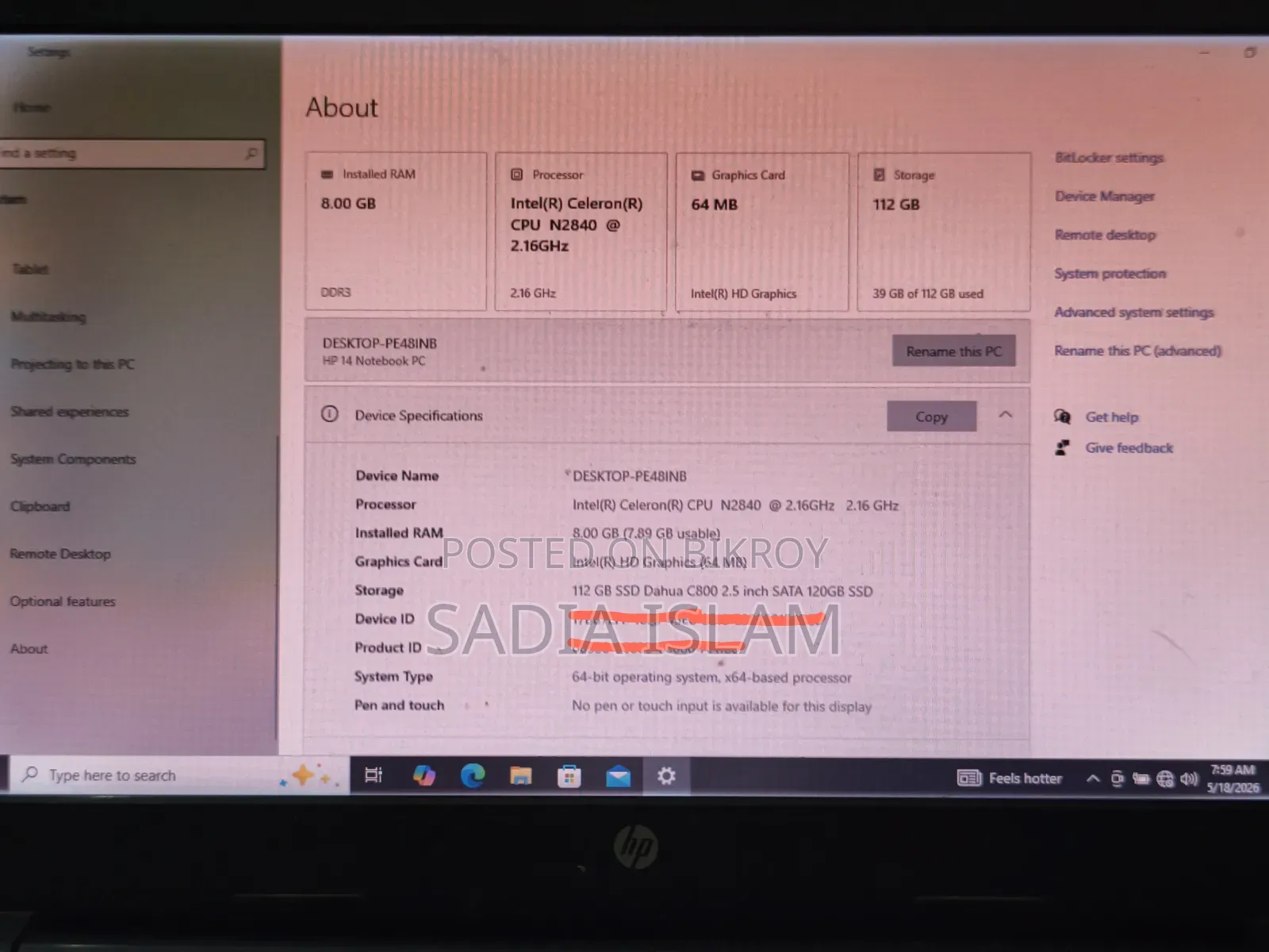 Laptop HP Stream Notebook 8GB Intel Celeron SSD 128GB