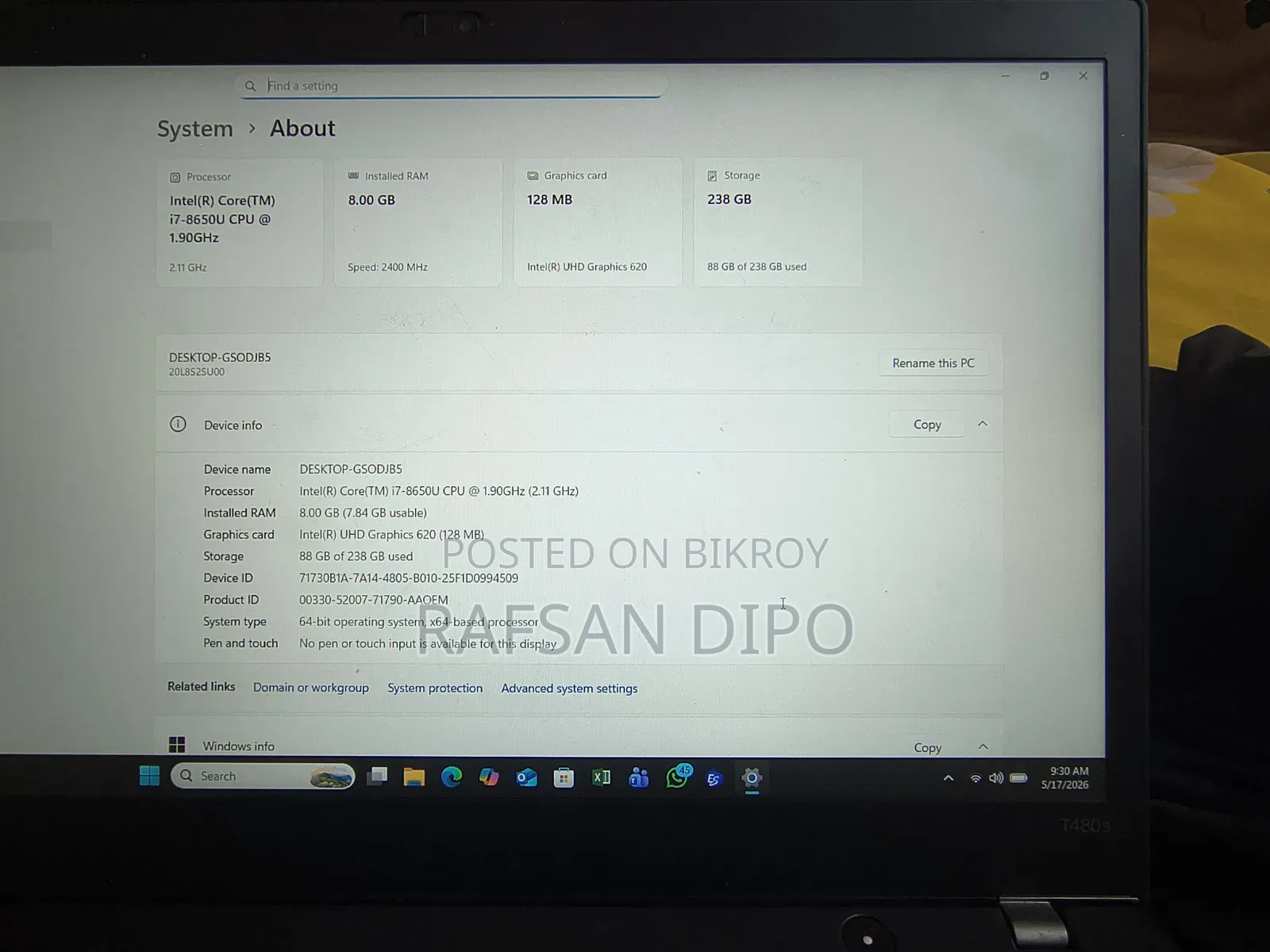 Laptop Lenovo ThinkPad T480s 8GB Intel Core I7 SSD 256GB