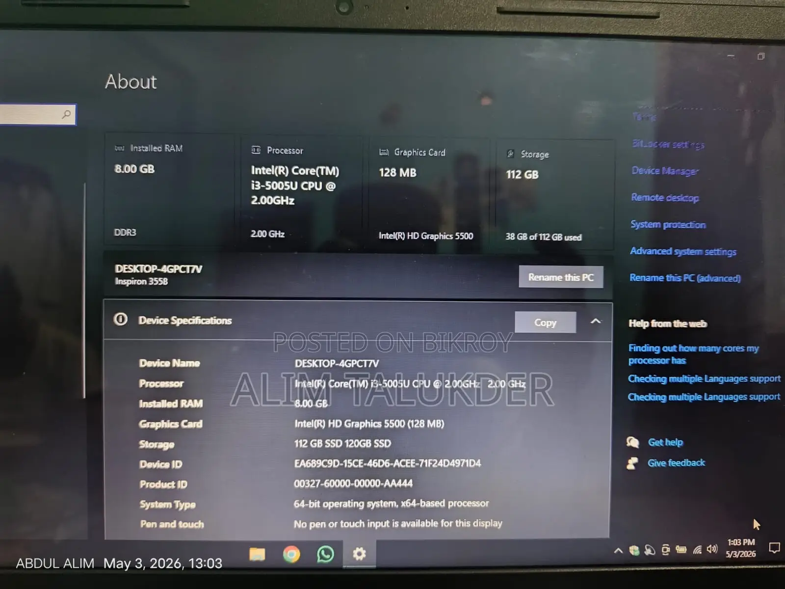 Laptop Dell Inspiron 15 3558 8GB Intel Core I3 SSD 128GB