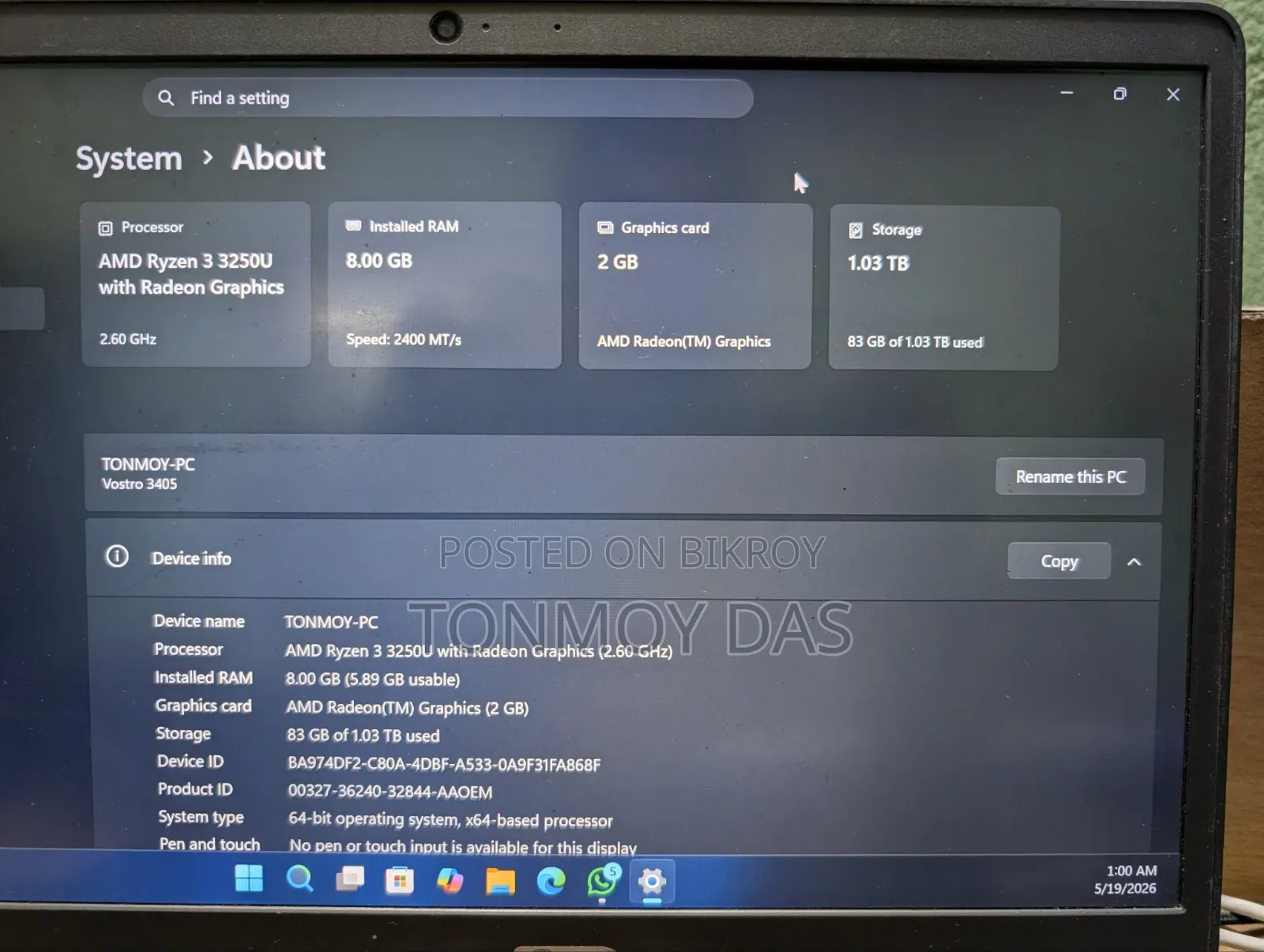Laptop Dell Vostro 14 3445 8GB AMD Ryzen 3 HDD+SSD 1T