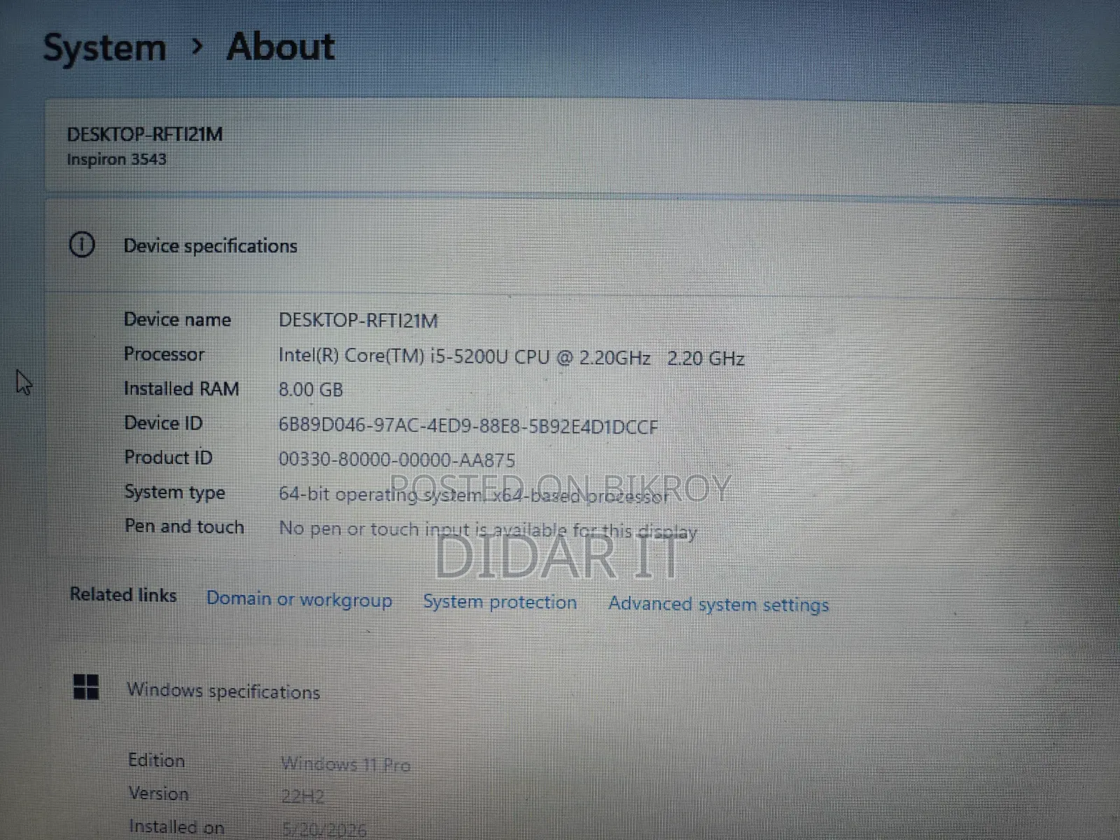 Laptop Dell Inspiron 15 8GB Intel Core I5 SSD 256GB