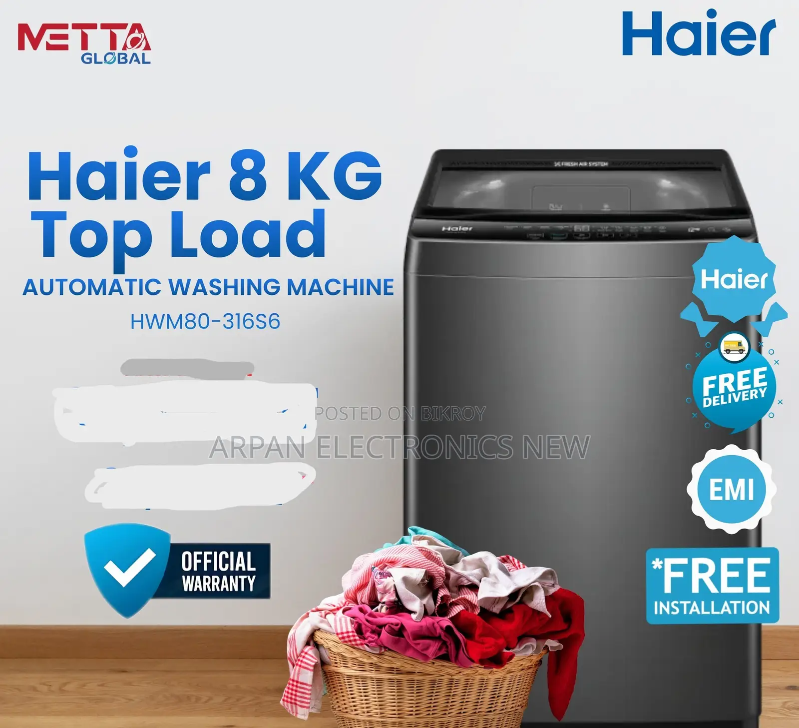 Haier 8 Kg Top Loading Washing Machine 10 Years Warranty