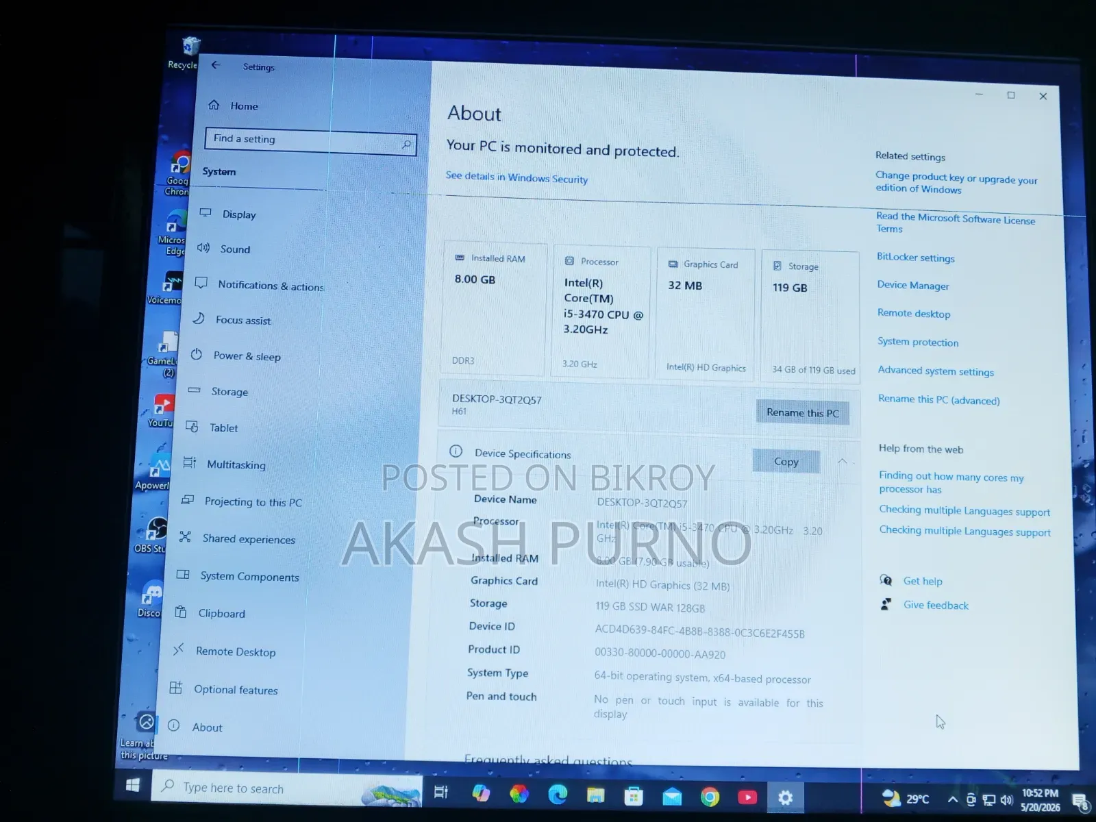 Desktop Computer 8GB Intel Core I5 SSD 128GB