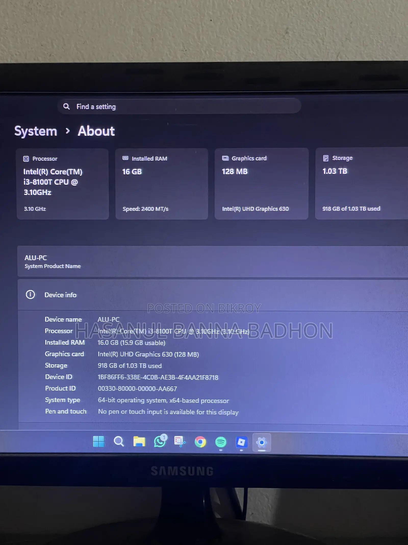 Desktop Computer Asus 16GB Intel Core I3 SSD 128GB