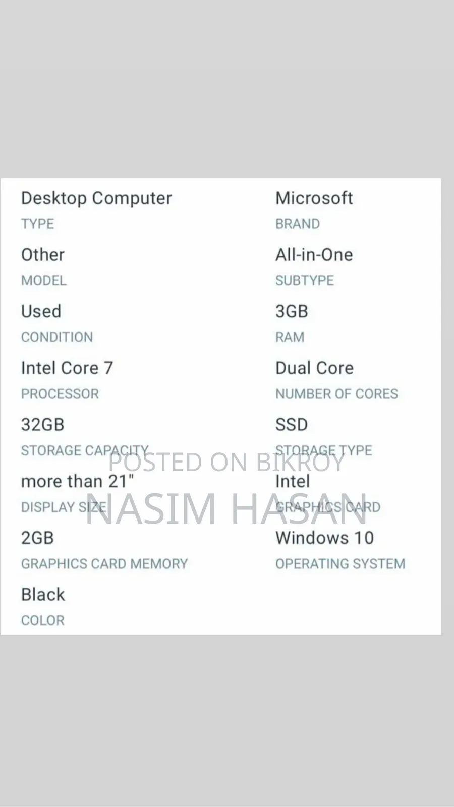 Desktop Computer Microsoft 3GB Intel Core I7 SSD 128GB