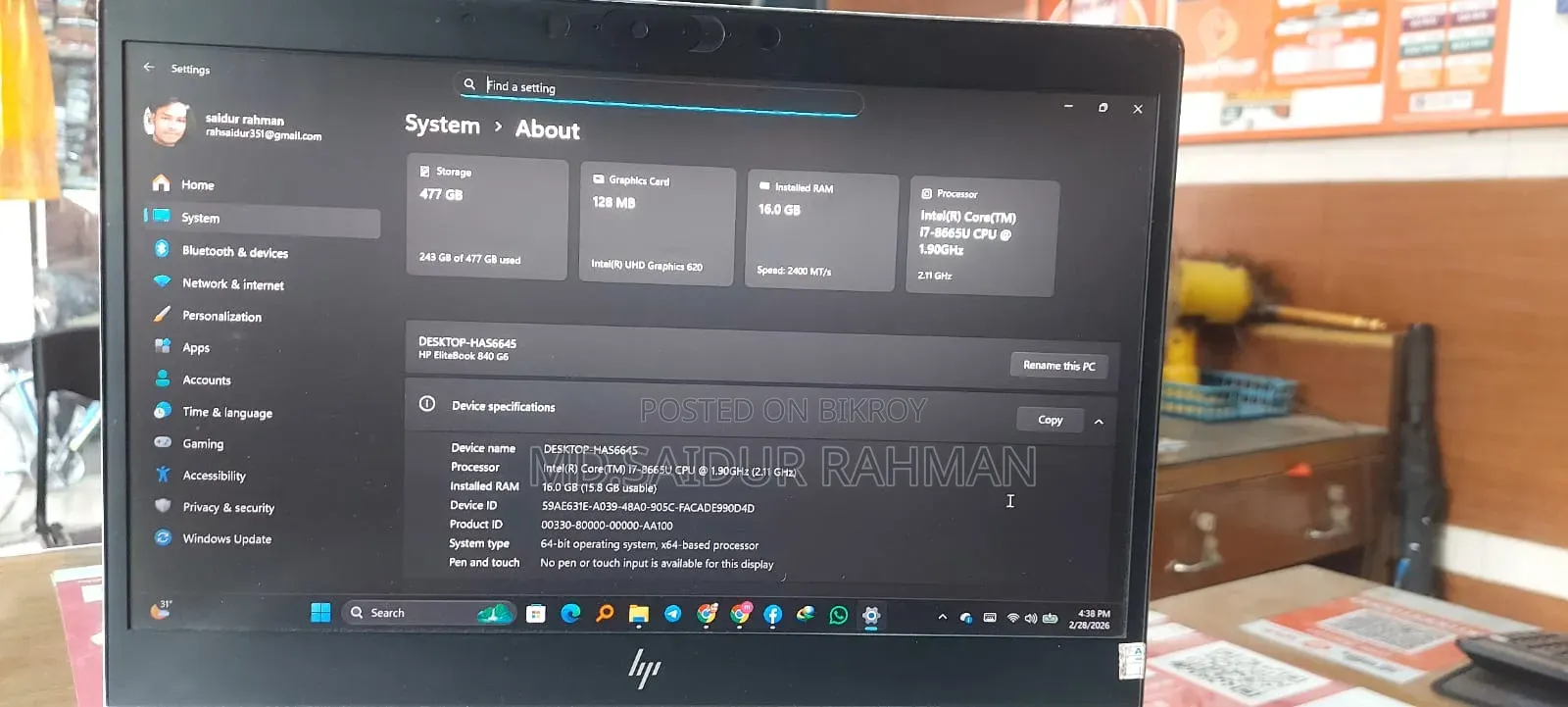 Laptop HP EliteBook 840 G6 16GB Intel Core i7 SSD 512GB
