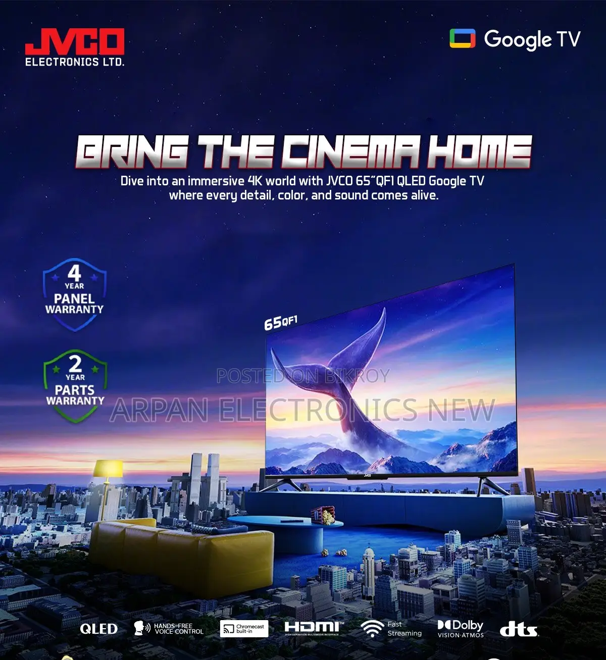 Jvco 32" Android Smart TV, Wi-Fi, USB Play, Wall Mount System