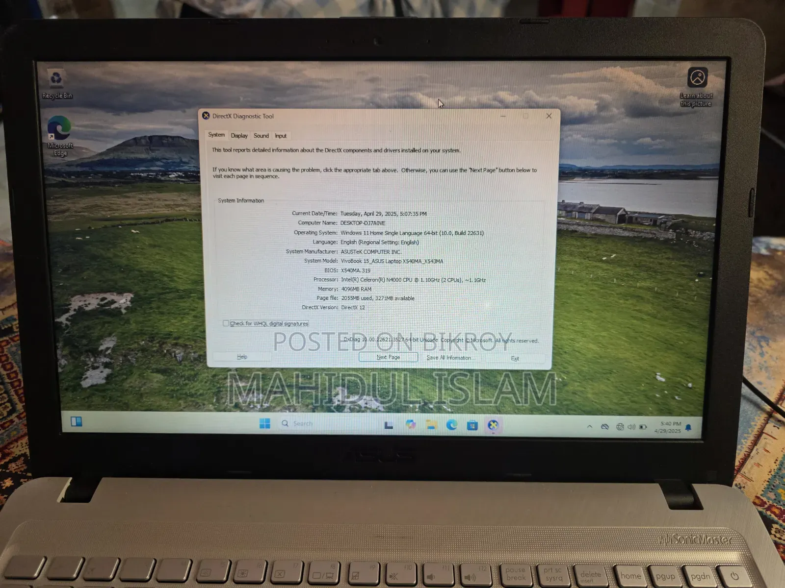 Laptop Asus 4GB Intel SSD 128GB