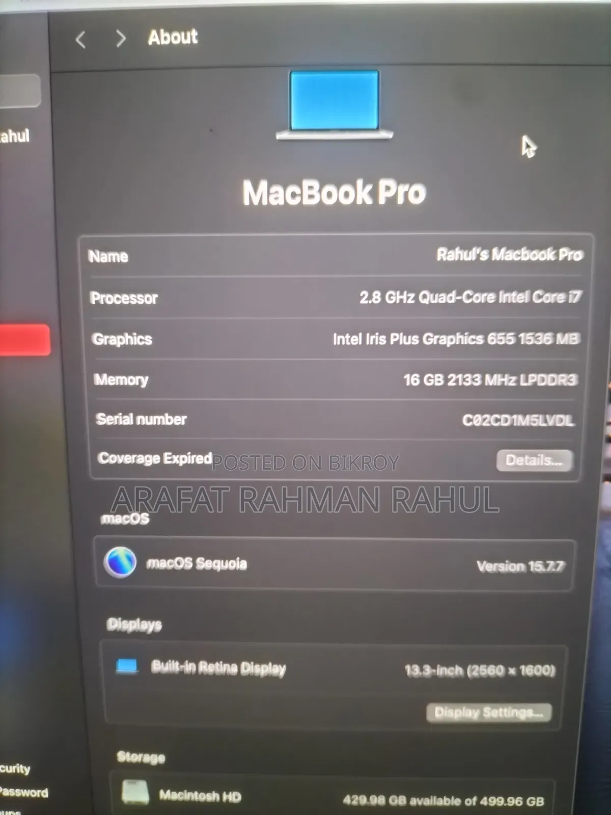 Laptop Apple MacBook 2019 16GB Intel Core I7 SSD 512GB