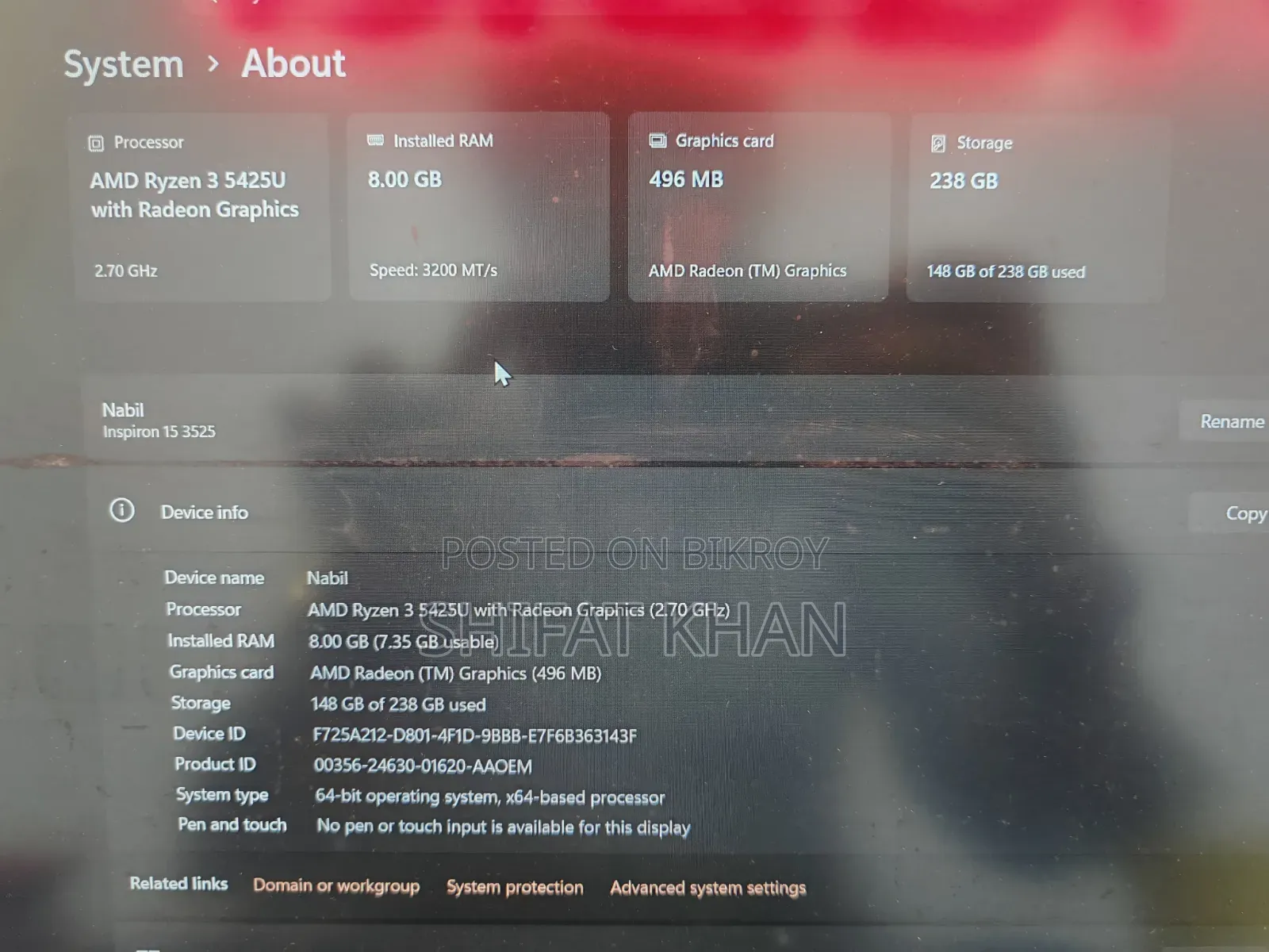 Laptop Dell Inspiron 15 8GB AMD Ryzen 3 SSD 256GB