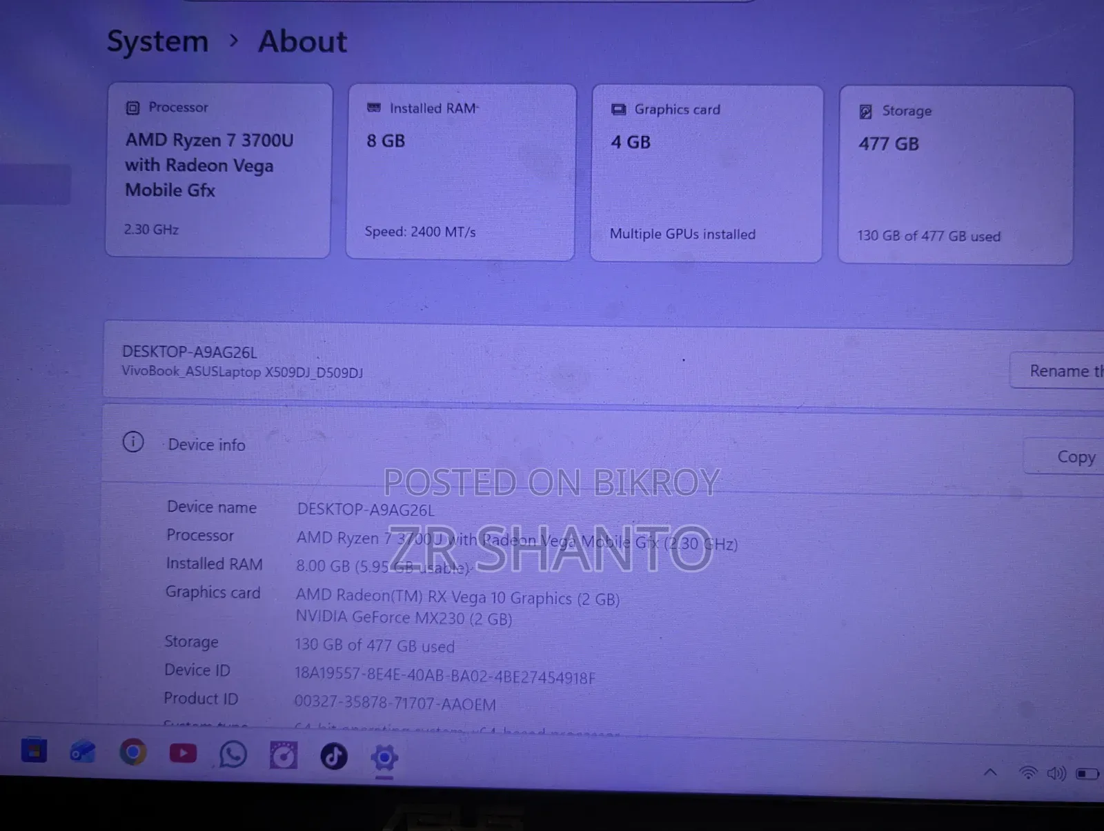 Laptop Asus VivoBook X540SA 8GB AMD Ryzen 7 SSD 512GB