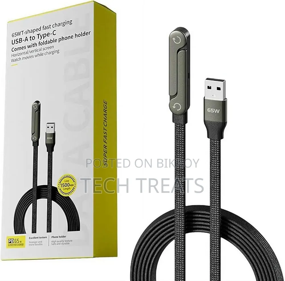 2-in-1 Invisible Holder Charger Cable, 65w Braided Fast Charging