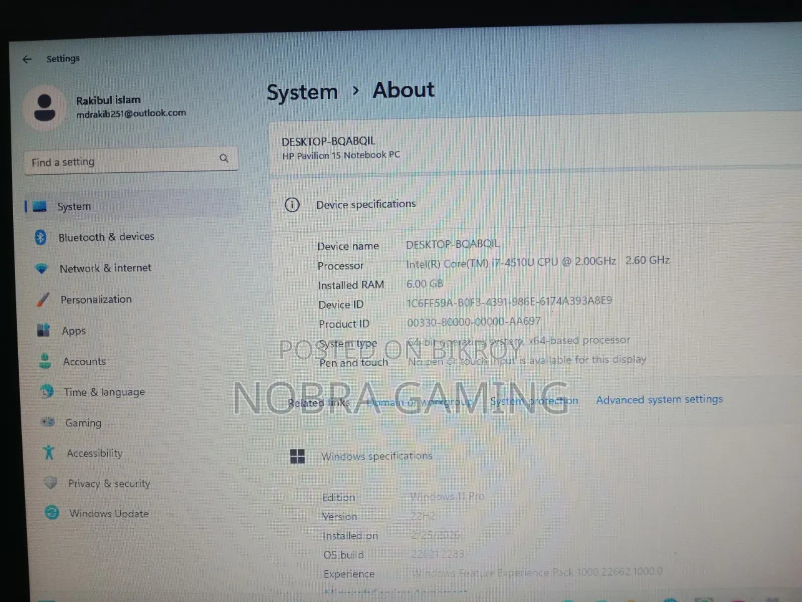 Laptop HP Pavilion 15-Cs3063cl 6GB Intel Core I7 SSD 128GB