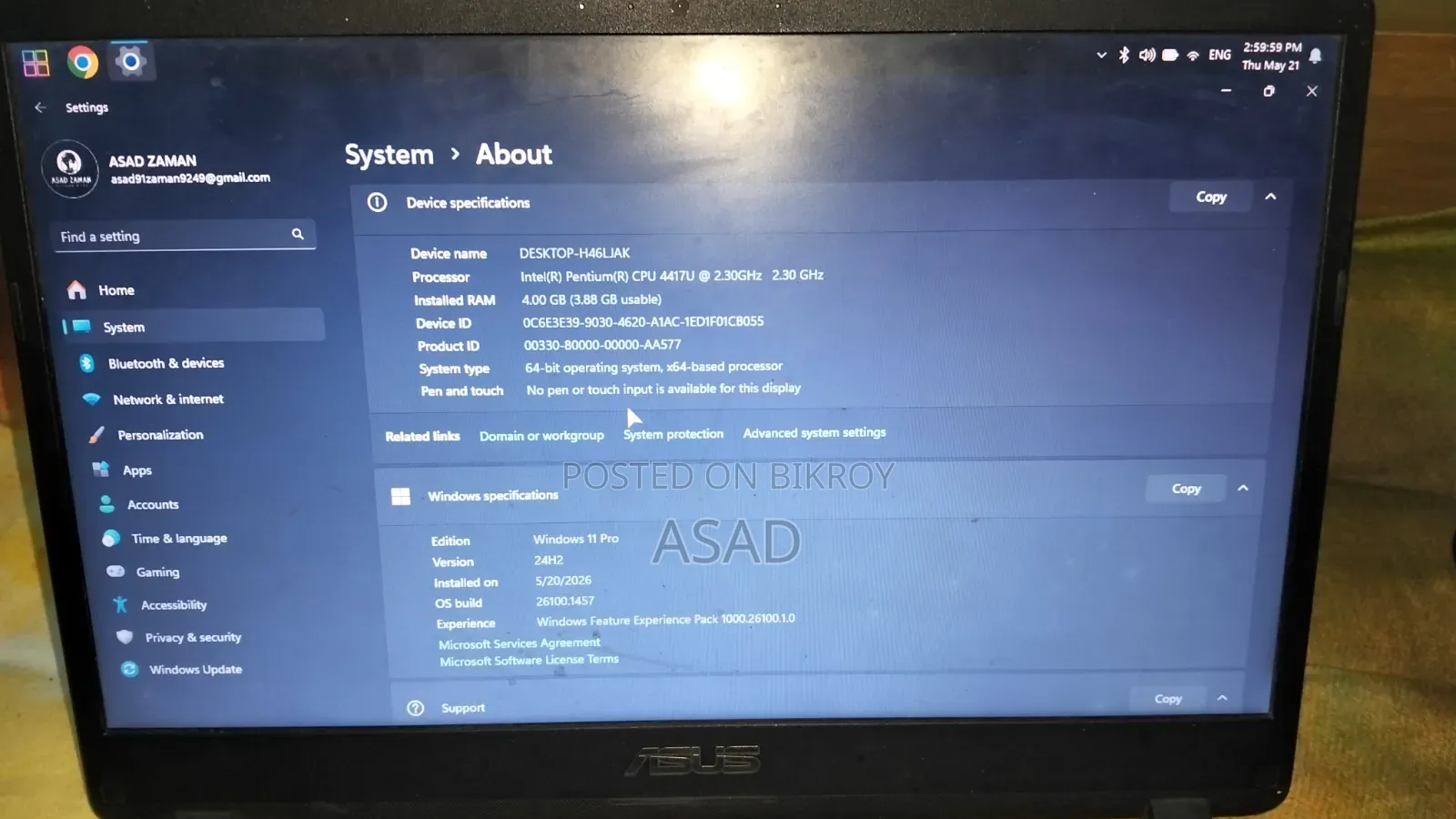 Laptop Asus 4GB Intel Pentium SSD 128GB