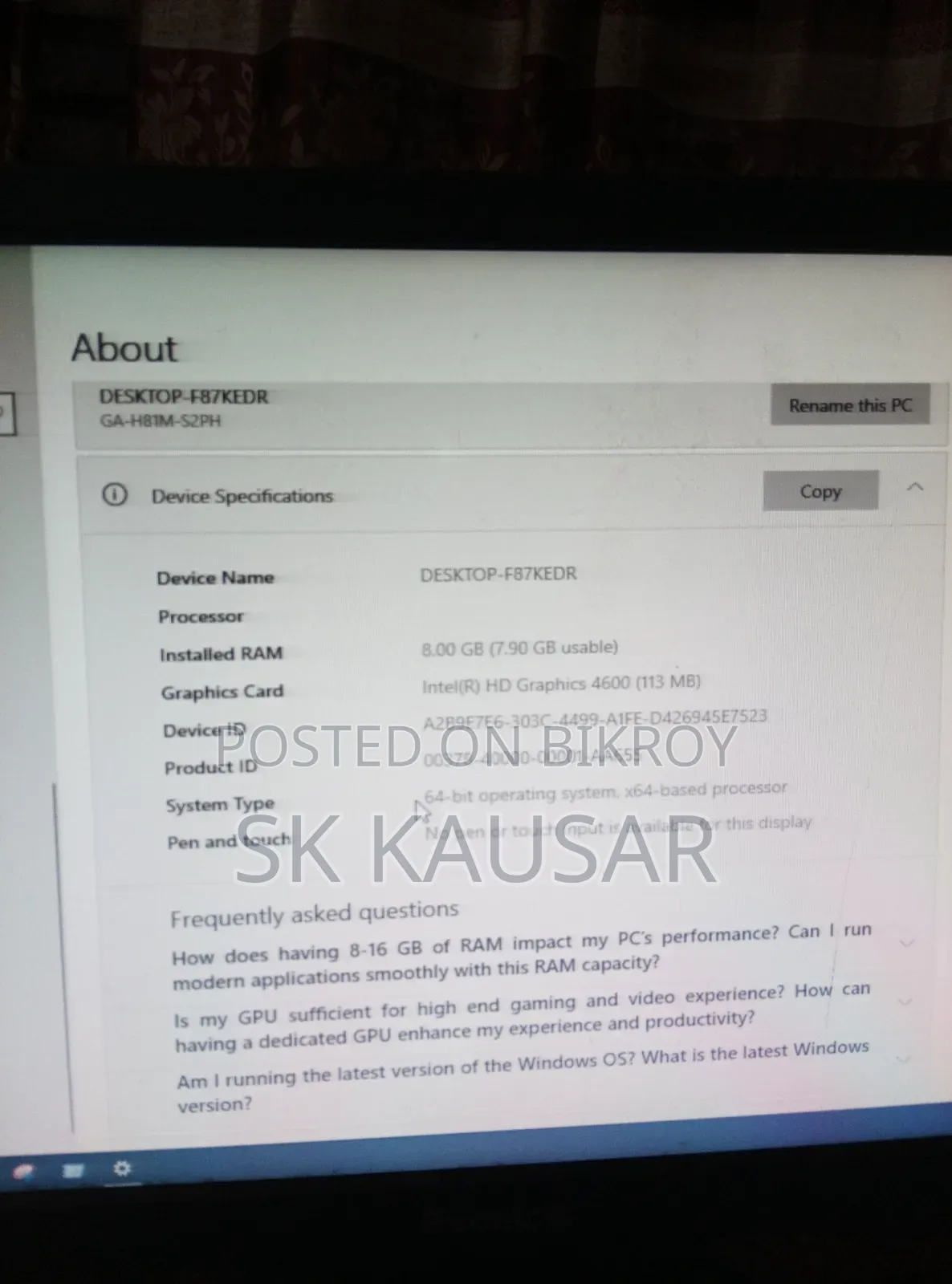 Desktop Computer 8GB Intel Core I5 SSD 256GB