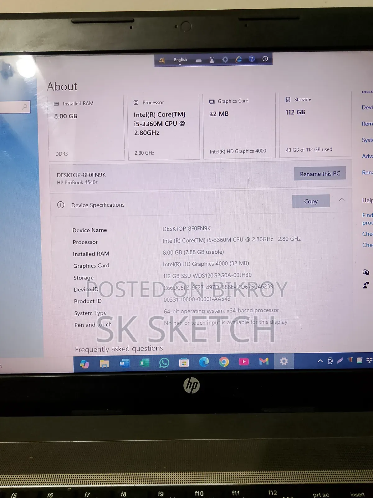 HP ProBook 4540S 8GB Intel Core I5 SSD 128GB Laptop