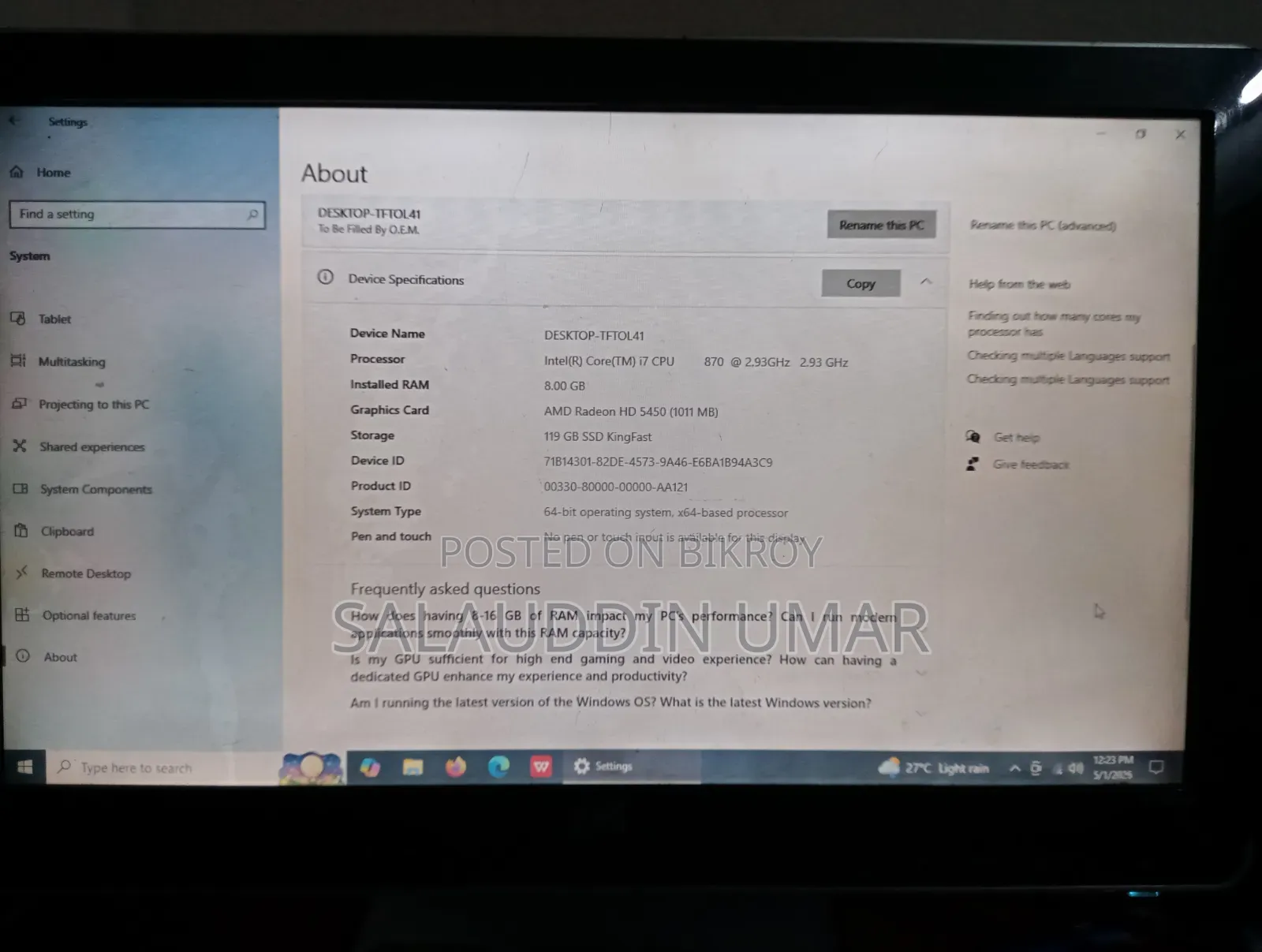 Desktop Computer 8GB Intel Core I7 SSD 128GB
