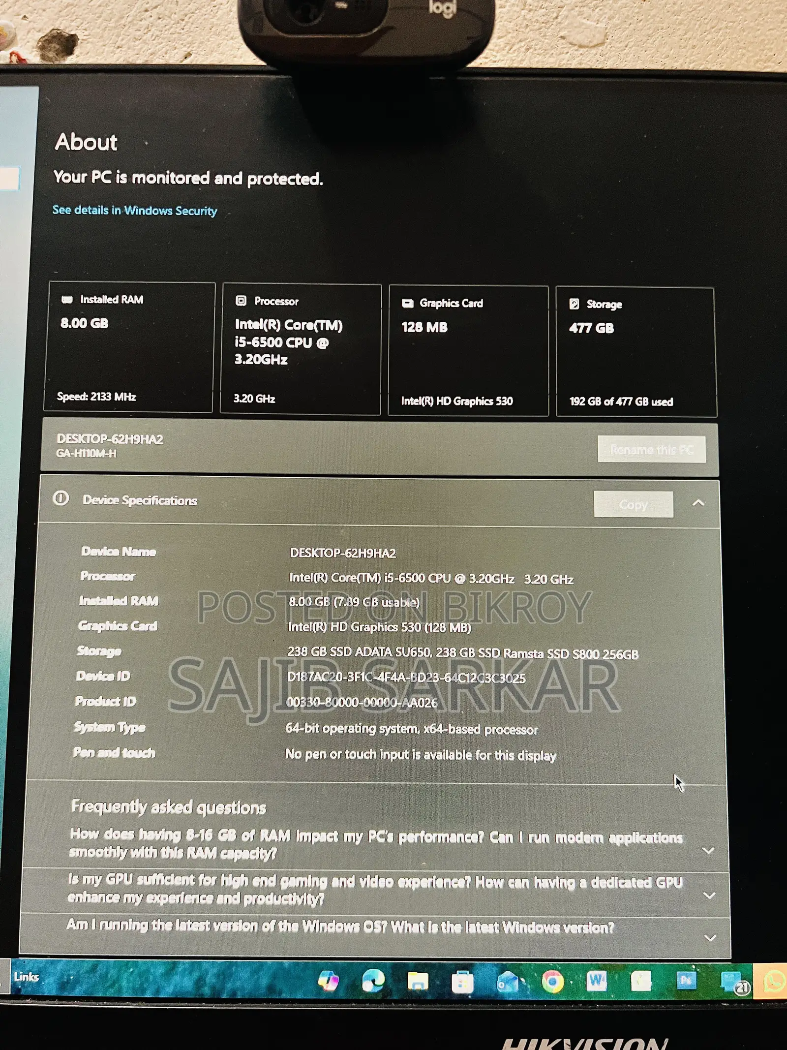 Gigabyte GA-H110MSTX-HD3-ZK 8GB Intel Core I5 SSD 256GB